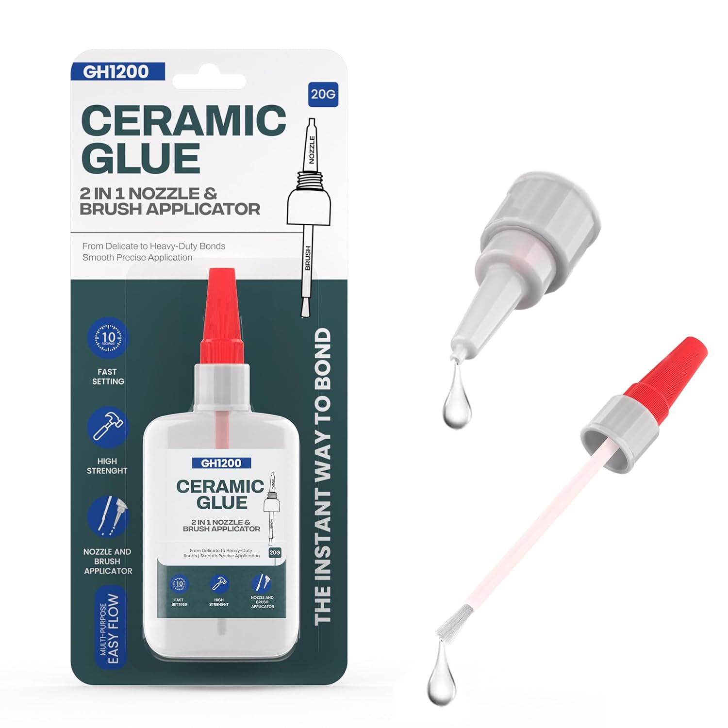 GH1200 (2-IN-1) Ceramic Glue Repair for Pottery with Brush Applicator & Nozzle, Mess Free Stone Glue Outdoor, Instant Temperature Resistant Ca glue, Repair Mugs, Dishes, Pottery & More