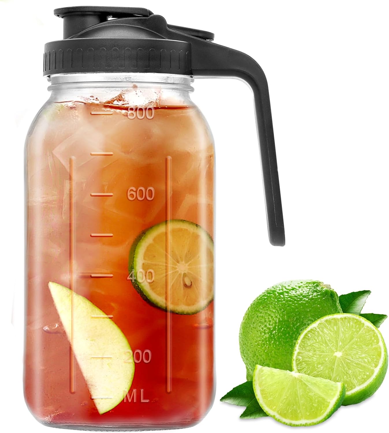 32 oz Glass Mason Jar Pitcher with Pour Spout & Handle, Wide Mouth Leak-Proof Jug for Cold Brew Coffee, Iced Tea, Juice, Lemonade, Sun Tea, Fruit Drinks, Airtight Lid for Fridge Storage (1 Quart)