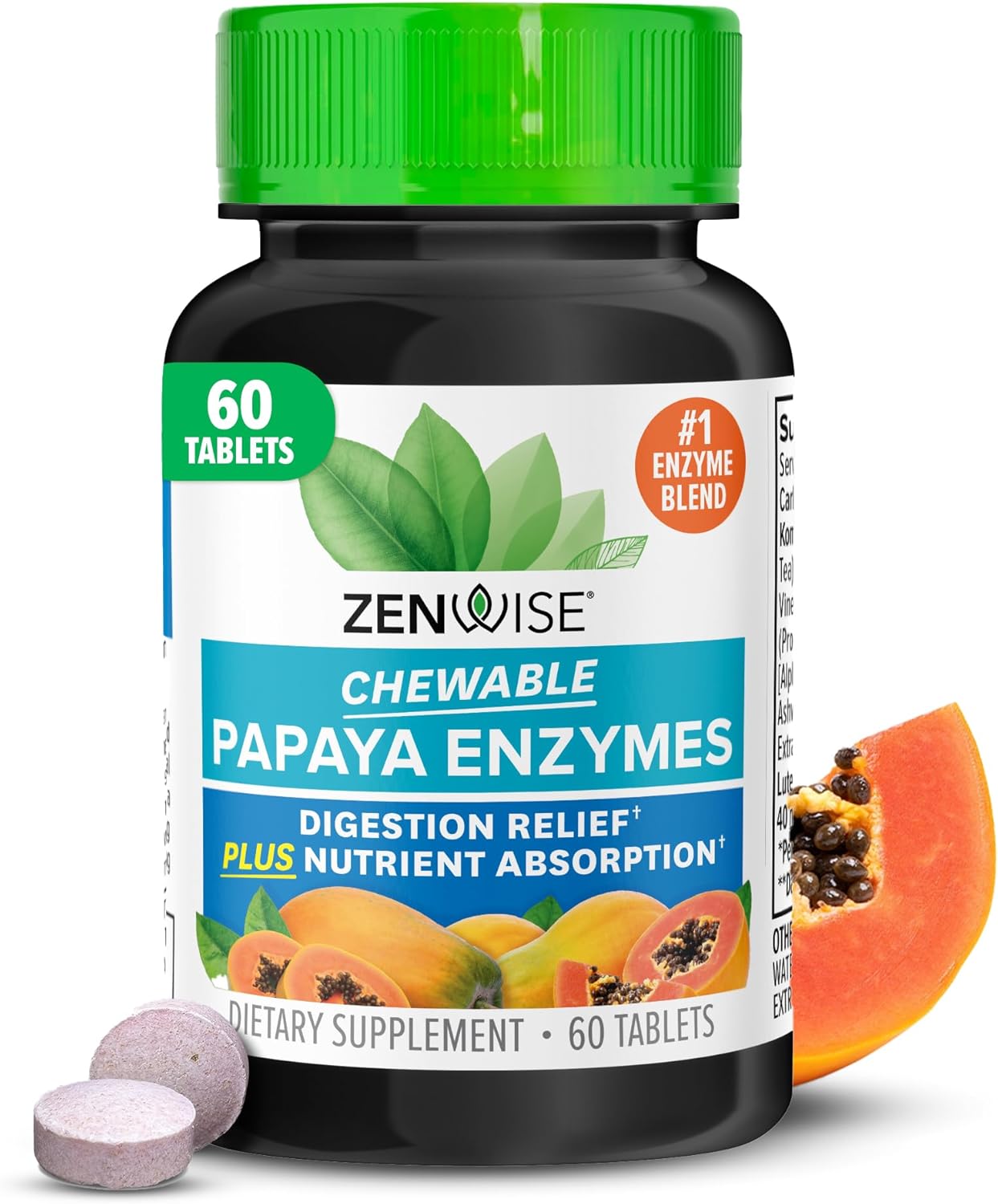 Zenwise Health Chewable Papaya Enzymes for Digestion & Gut Support - Chewable Digestive Enzyme Blend with Papain and Bromelain for Digestive Health & Bloating Relief - Women & Men - 60 Tablets