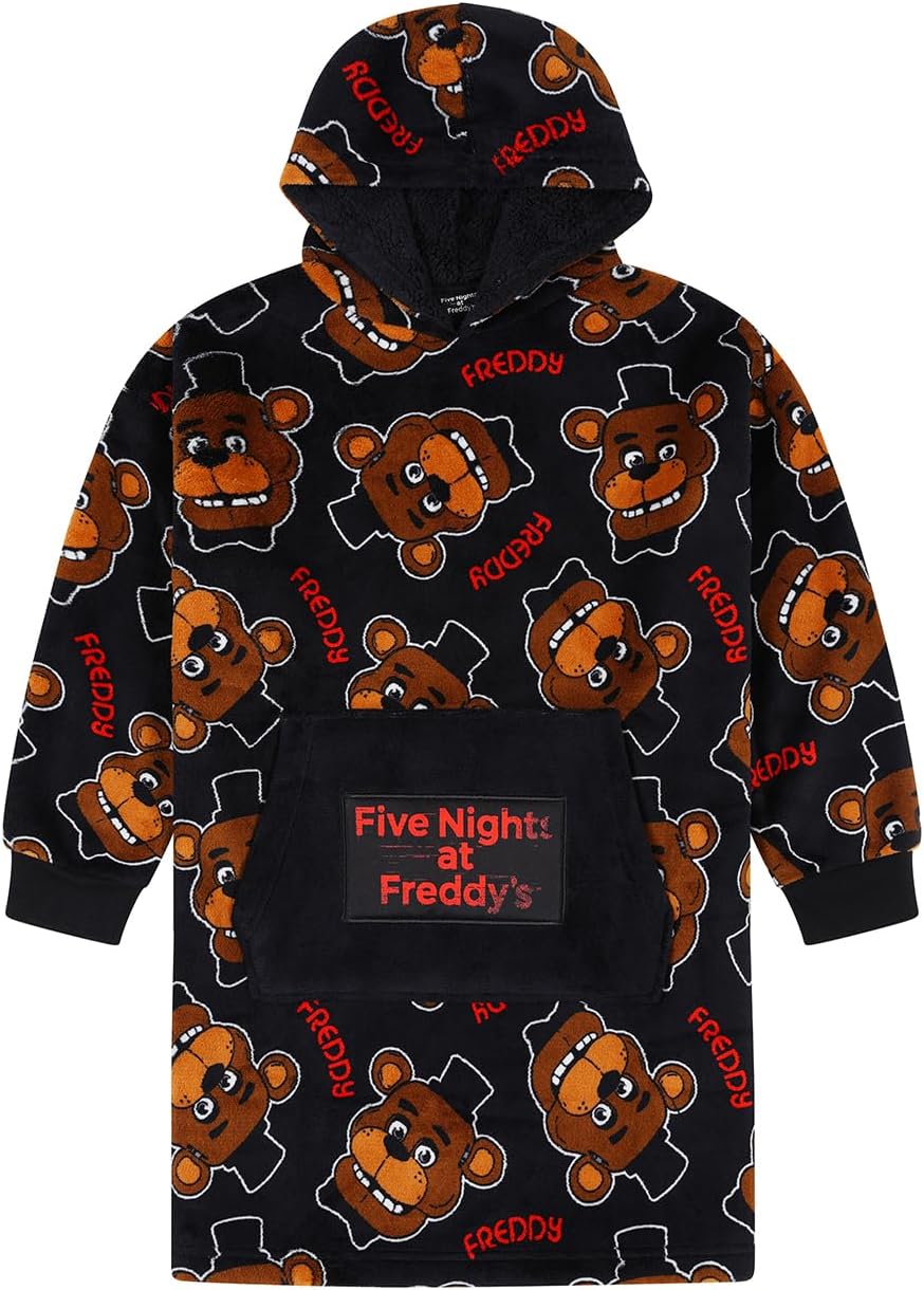 FIVE NIGHTS AT FREDDY'S Boys Fleece Hoodie, Oversized Fleece Blanket Hoody For Kids Black