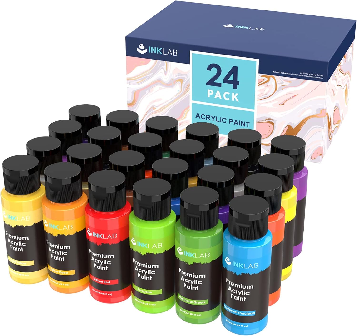 INK LAB Acrylic Paint Set 24 Vibrant Colour Non Toxics Acrylic Craft Paints Rich Pigment for Kids Adults Artists Beginners Canvas Ceramic Crafts Painting Wood