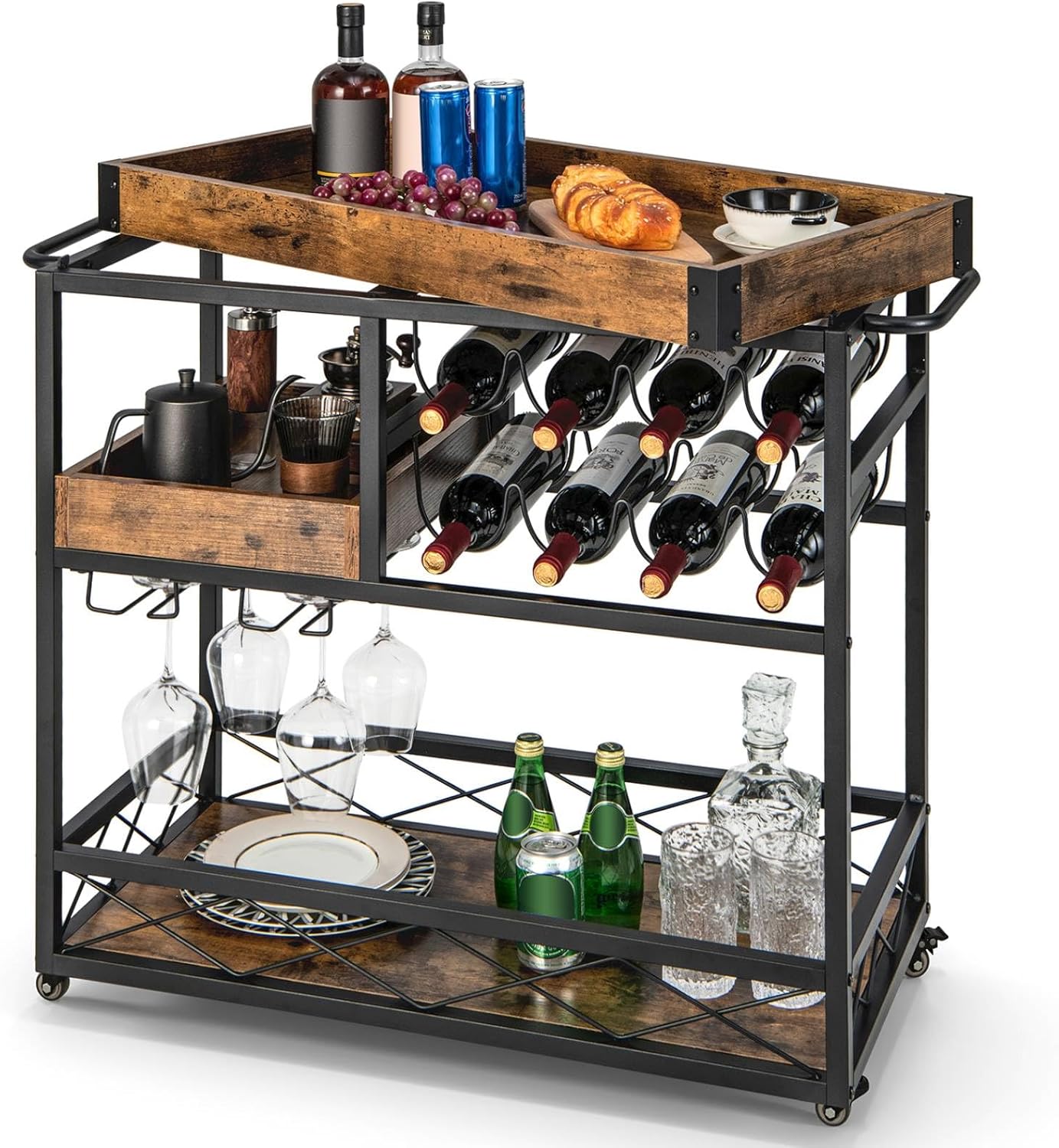 COSTWAY Serving Trolley on Wheels, 3-Tier Rolling Bar Cart with Removable Tray, Wine Rack & Glass Holder, Industrial Drinks Storage Trolley for Home Kitchen (with Removable Top Tray, 80x40x83cm)