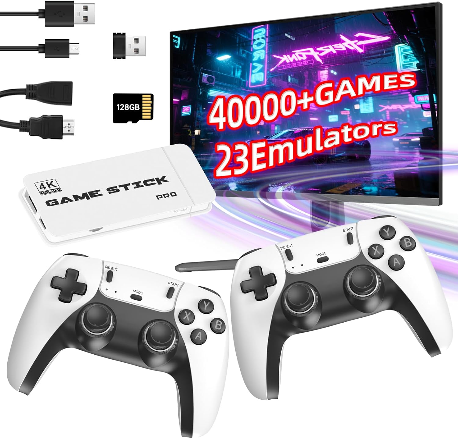 Wireless Retro Game Console, Gaming Stick 4k HDMI Output Built-in 40,000+ Games 23 Emulators, 2.4GHz Wireless Controllers, Plug & Play Video Games with 128G TF Card for TV