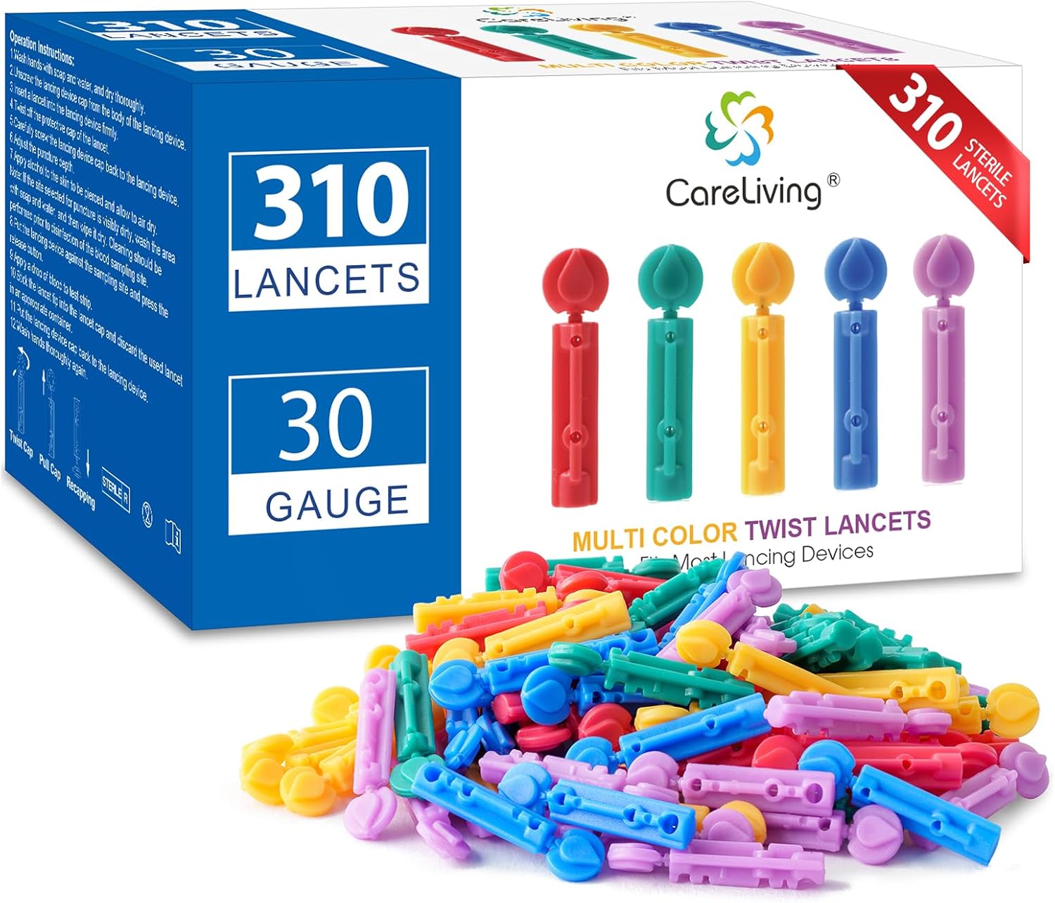 Lancets for Diabetes Testing - 30 Gauge Diabetic Lancets for Blood Testing and Glucose Testing - Fits Most Lancing Devices - 310 Count (Colourful)