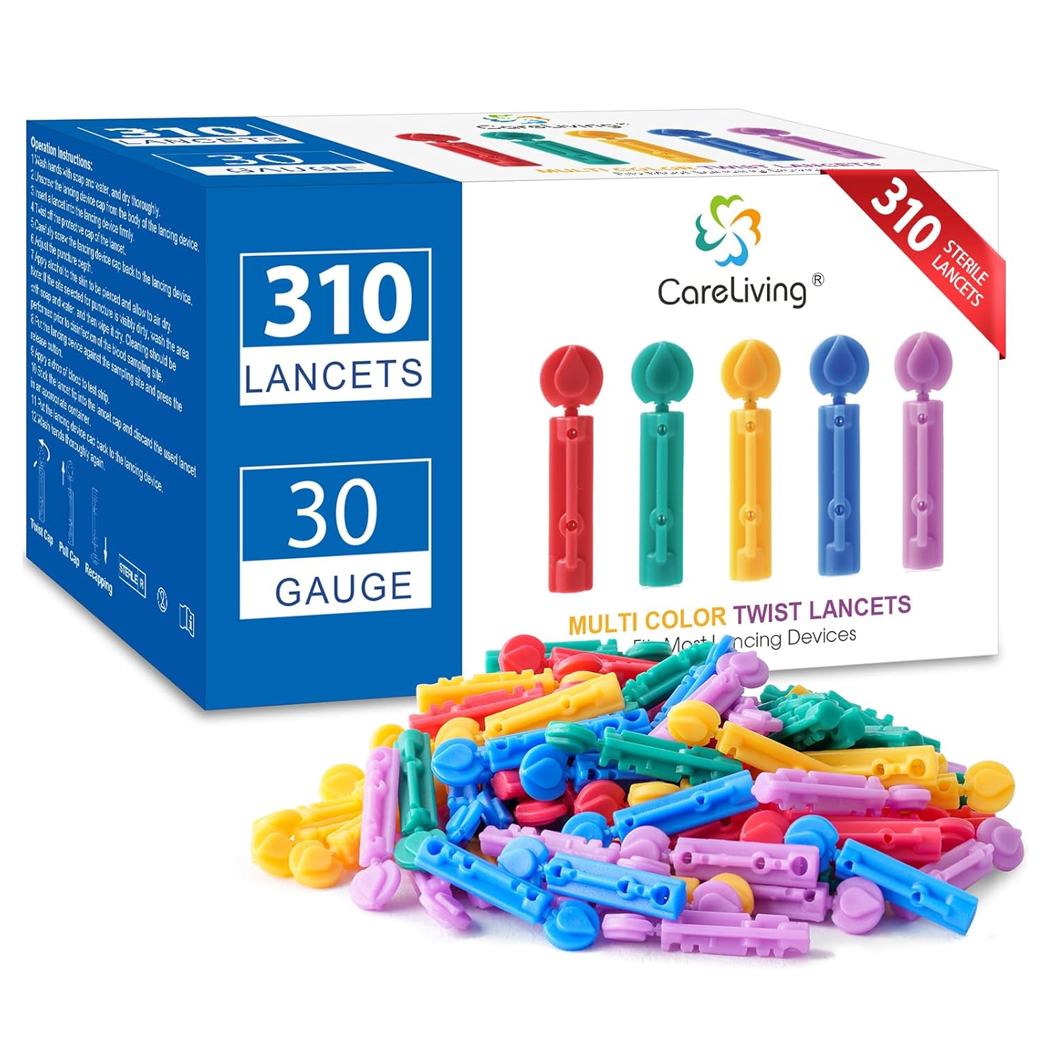 Lancets for Diabetes Testing - 30 Gauge Diabetic Lancets for Blood Testing and Glucose Testing - Fits Most Lancing Devices - 310 Count (Colourful)