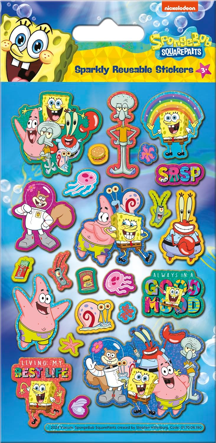 Spongebob Squarepants Sparkly Reusable Foil Stickers | Official Licensed Product | Reusable on Non-Porous Surfaces | Boys and Girls | Age 3+ | Birthday Gifts, Party Bags, Arts & Crafts, Scrapbooking