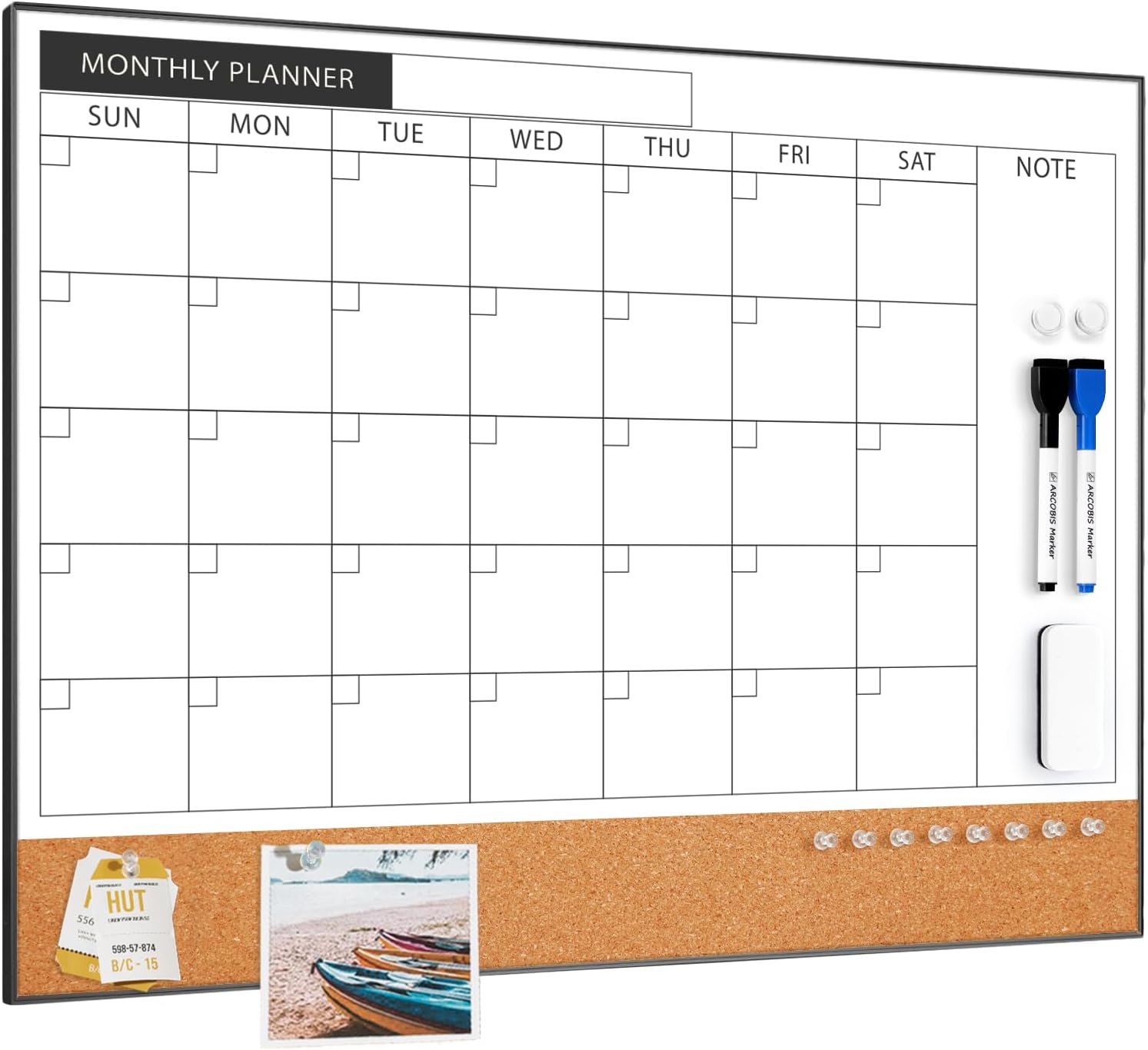 ARCOBIS Dry Erase Calendar with Cork Board for Wall, 60 x 45 Magnetic Calendar Whiteboard with Black Frame, Monthly Combination Board for School, Home, Office