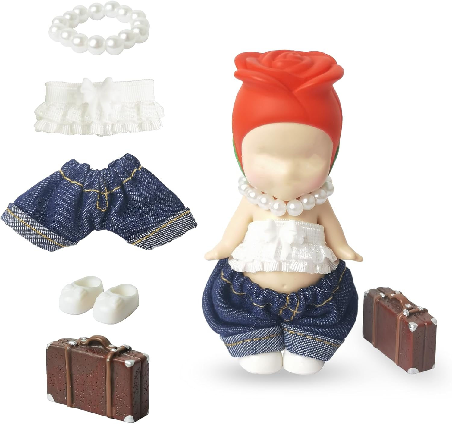 5PCS Doll Clothes for Sonny Angel, Fits 3 Inch Minifigures Outfit Includes Pants, Top, Shoes, Necklace & Suitcase, Cute Display and Decoration Accessories for Collectors, Doll Not Included (White)