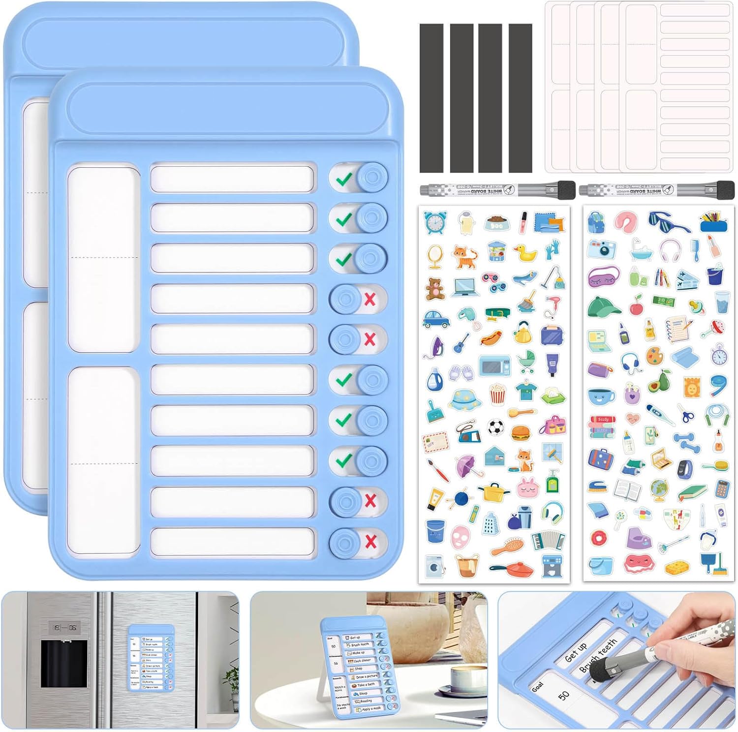 Audab 2Pcs Dry Erase Chore Chart for Kids, Magnetic Checklist Board, My Chores Slider Chart to Do List Board, Routine Reward Chart Schedule Board Task Tracker for Home Refrigerator, Wall, Desk (Blue)