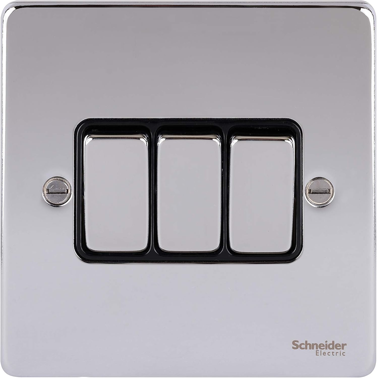 Schneider Electric GU1532BPC Ultimate Low Profile Polished Chrome Black Insert 3 Gang 2 Way 16AX Plate Switch