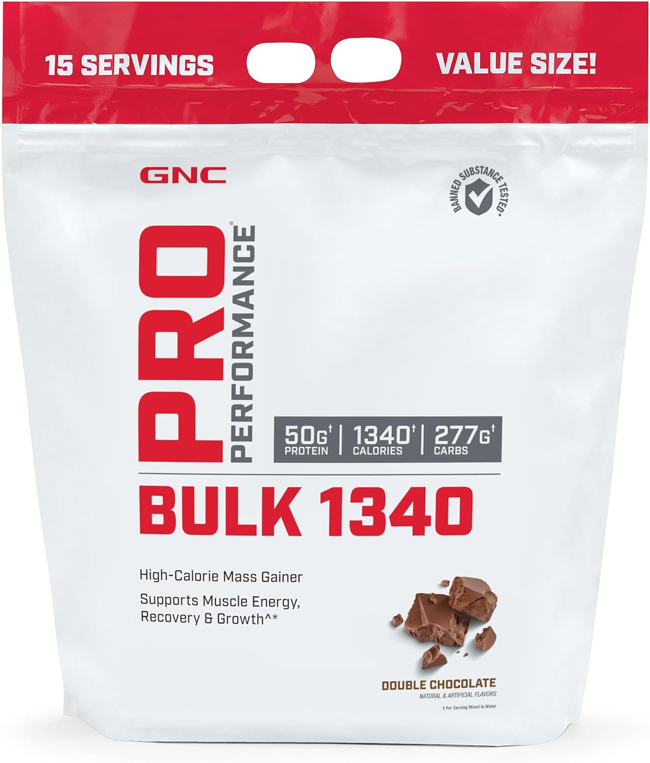 GNC Pro Performance Bulk 1340 Mass Gainer Protein Powder, 50g, 1340 Calories, Gluten Free, Banned Substance Tested, Supports Muscle Energy, Recovery and Growth, Double Chocolate, 15 Servings