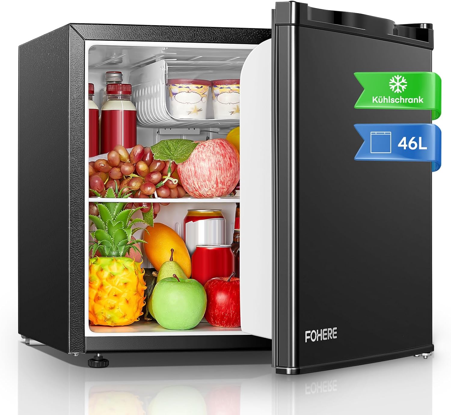 Mini Fridge 46L, E Energy Rating, Table Top Fridge, Reversible Door, Adjustable temperature, Built in Ice Box, Compact Wine&Beers Cooling, Black