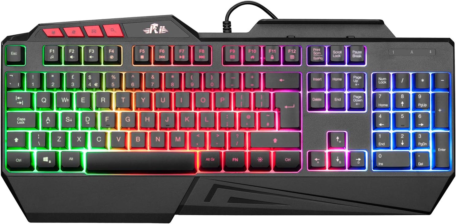 Rii RK202 Gaming Keyboard,LED Rainbow Backlit Light up Keyboard With Membrane Keys,Spill-Resistant,for PC Computer,Laptop,Windows,Gamer,Xbox one,PS4,PS5-UK Layout