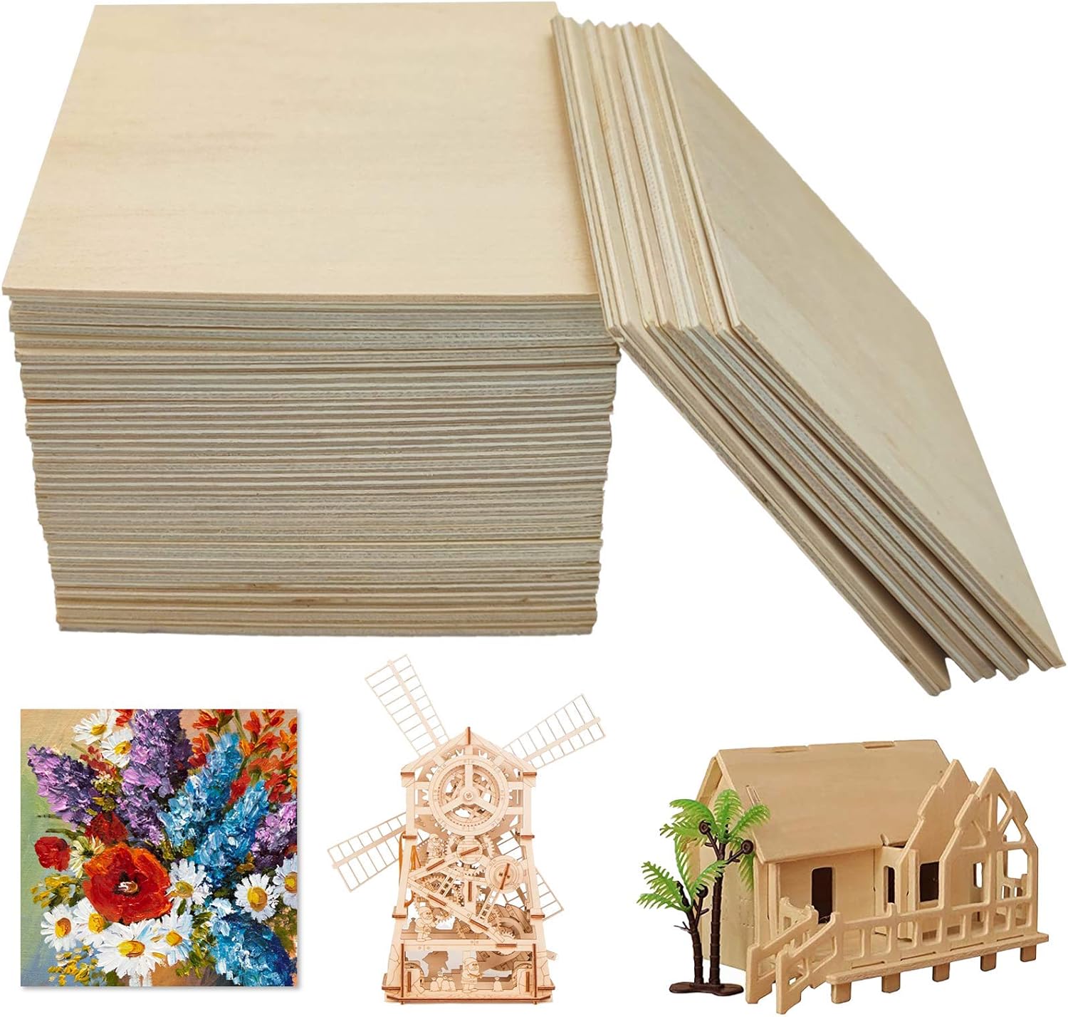 OWLKELA 40 Pieces 10x10x0.2cm Basswood Sheets, Rectangle Blank Wooden, Wooden Cutouts for Crafts, Great for Wood Burning and Laser Projects, Arts and Crafts, Wood Engraving