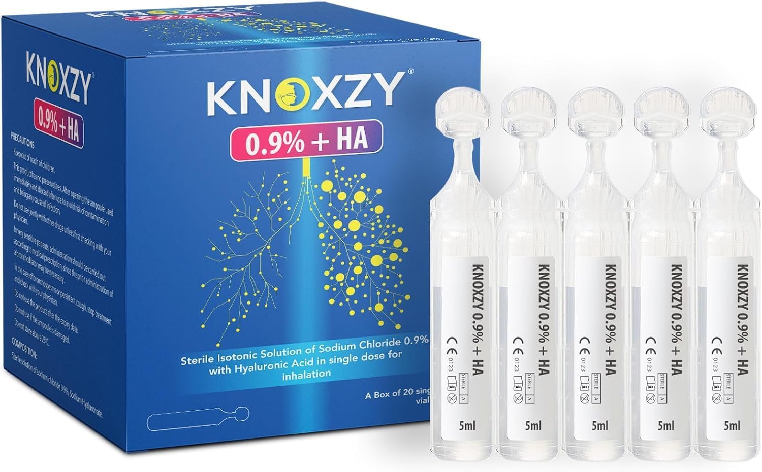 KNOXZY Isotonic Saline Solution 0.9% + Hyaluronic Acid Nebulizer Diluent for inhalators and Nasal Hygiene Clear Congestion from Airways & Lungs (20 Sterile Single Dose Vials of 5ml) (1)