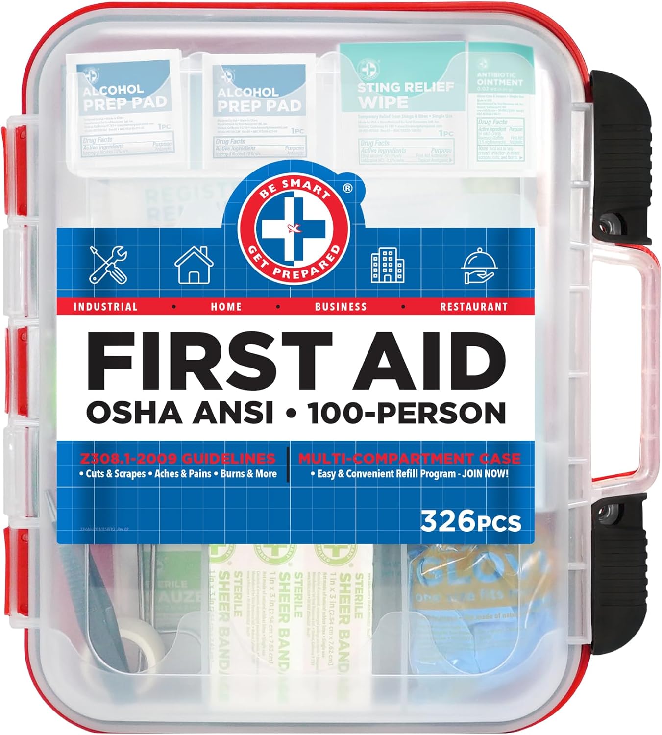 Be Smart Get Prepared First Aid Kit Hard Red Case 326 Pieces Exceeds OSHA ANSI Guidelines 100 People. Office, Home, Car, School, Emergency, Survival, Camping, Hunting and Sports, FSA / HSA Approved