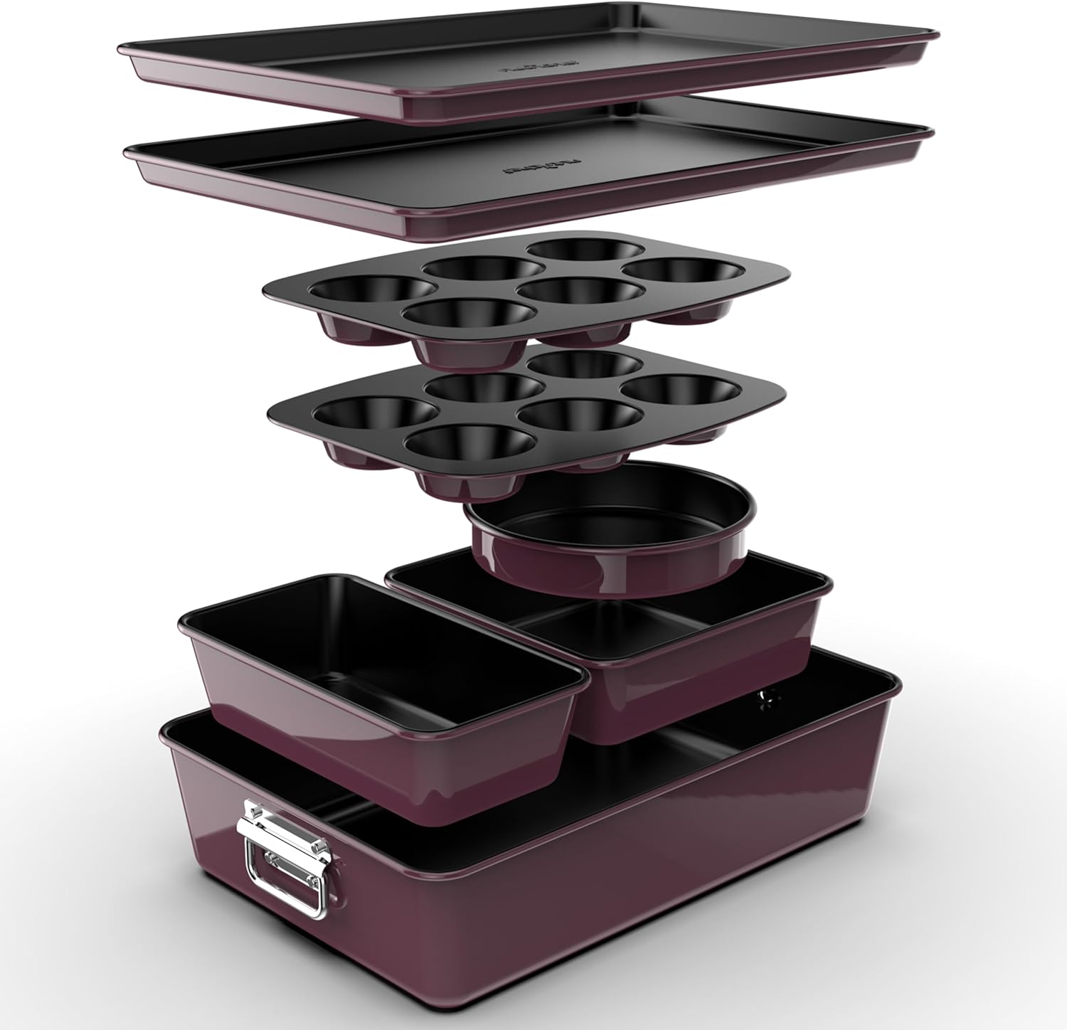 NutriChef Non-Stick Bakeware Set – 8-Piece Stackable Oven-Safe Trays with Cookie Sheet, Loaf Pan, Pizza Pan, Muffin Tin, Cake Tin, Round & Square Pans – Durable & Space-Saving