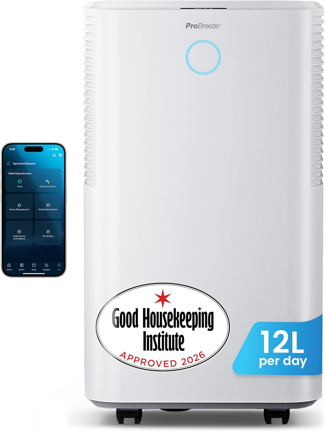 Pro Breeze® OmniDry 12L/Day Dehumidifier with Automatic Humidity Sensor & Display, 24Hr Timer, Laundry Drying, Continuous Drainage (White, 12 Litres + Smart App)