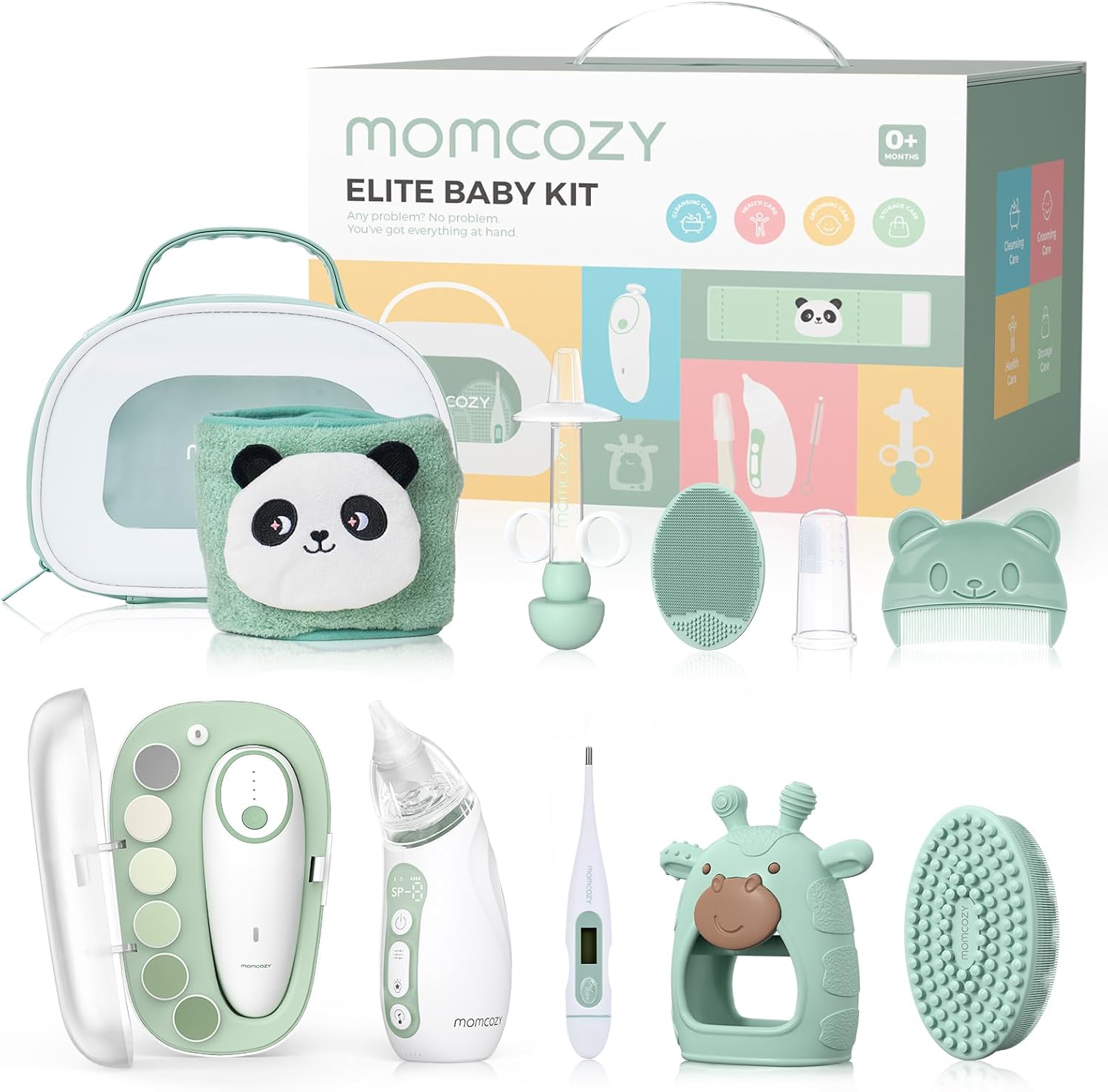 Momcozy Elite Baby Kit, Superior Baby Shower&Registry Essential Kit for Grooming & Health & Cleansing Care, Electric Nail File&Nasal Aspirator, Tummy Wrap, Thermometer, Bath Brush,Teether, Storage Bag