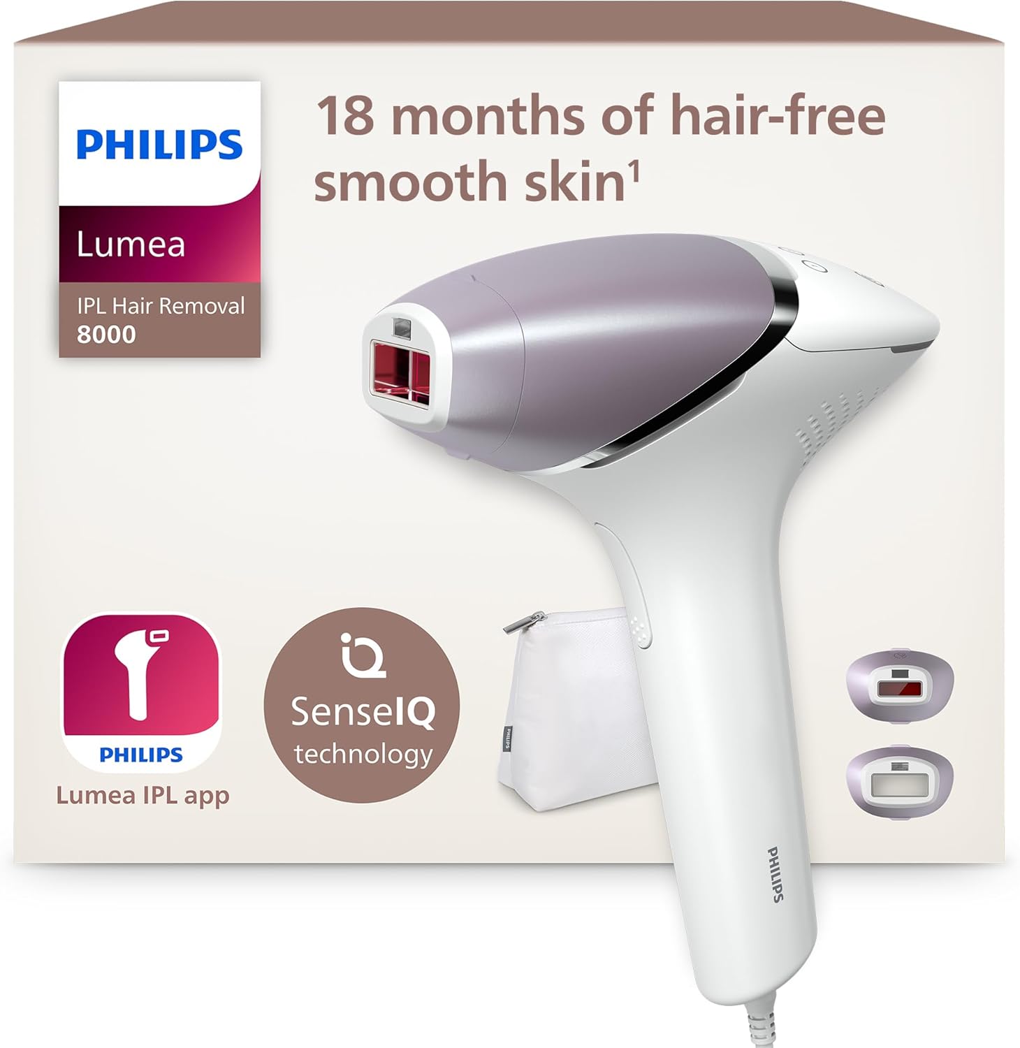 Philips Lumea 8000 Series, IPL Hair Removal Device, Laser Hair Removal Alternative, SenseIQ Technology, 2 Attachments for Body and Face, Model BRI944/00