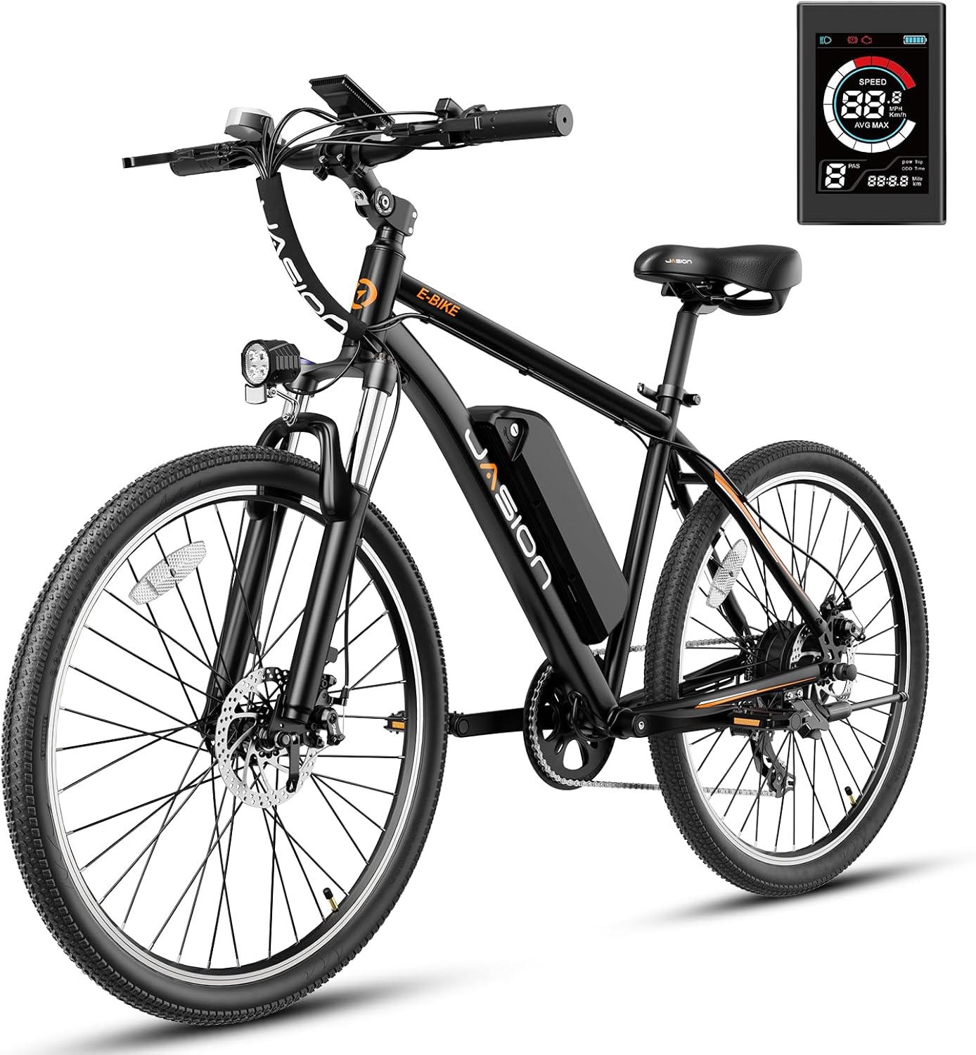 Jasion EB5 Electric Bike for Adults with Peak 750W Brushless Motor, 40Miles 20MPH Commuting Electric Mountain Bike with 360Wh Removable Battery, 7-Speed, 26" Tires and Front Fork Suspension