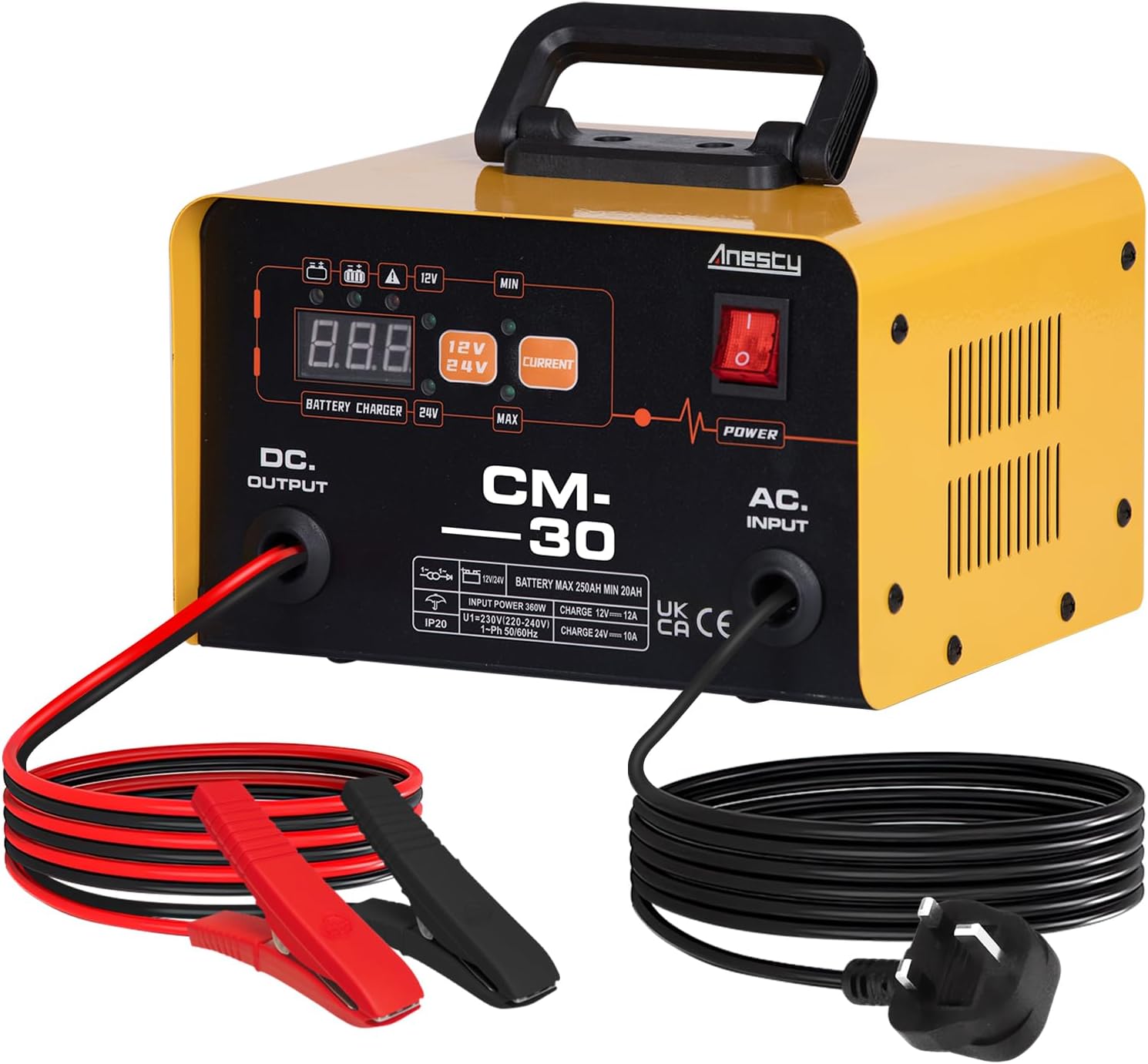 Anesty Car Battery Charger 12V 24V 20-250Ah Smart Lead-acid Battery Charger Automatic Heavy Duty Car Battery Charging Unit for Van Motorcycle Boat AGM GEL Lead-acid Battery