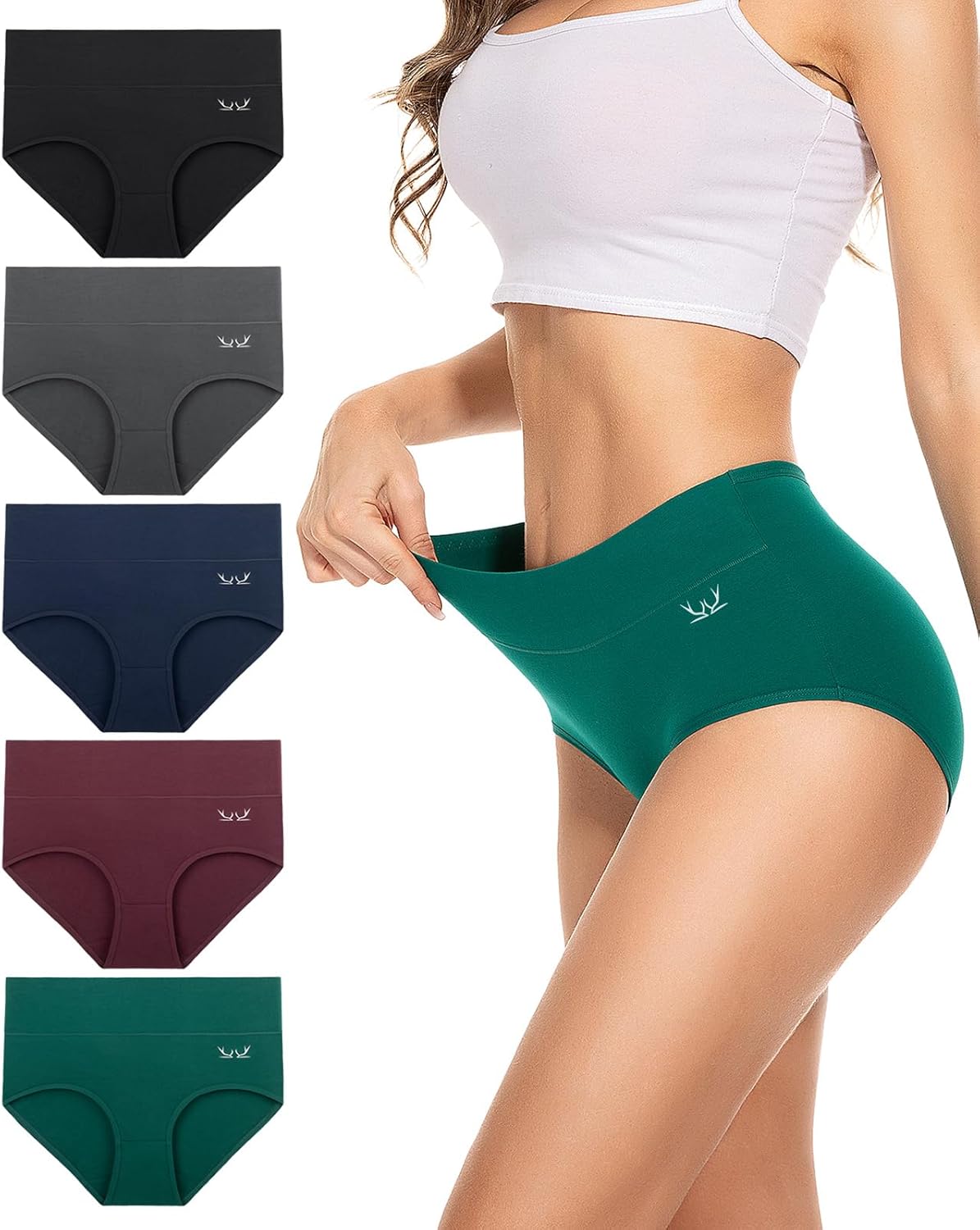 PULIOU Womens Knickers Ladies High Waisted Cotton Underwear Panties Briefs Full Back Coverage Comfy Stretchy Slight Tummy Contorl Multipack of 5