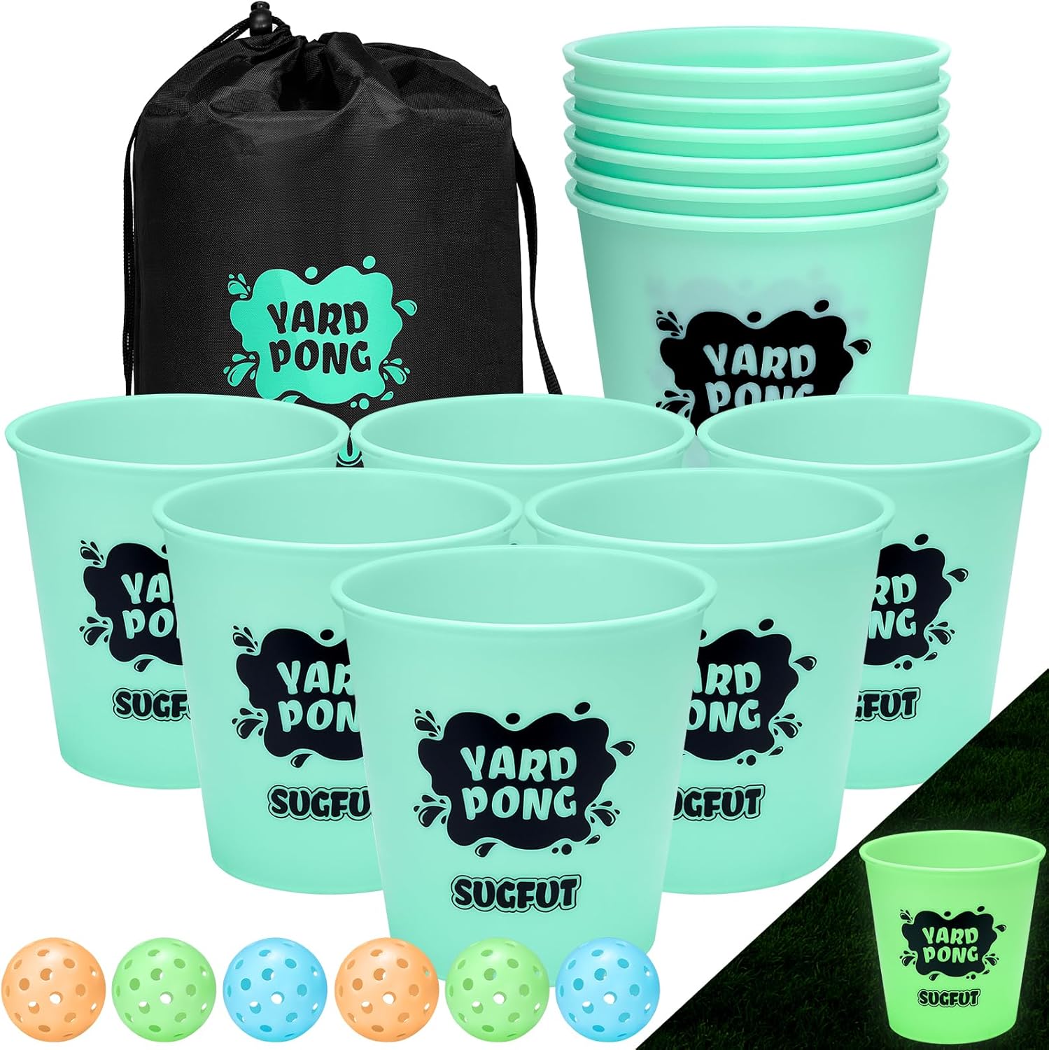 Yard Pong Outdoor Games Glow in Dark with 12 Buckets and 6 Balls, Backyard Toss Games Glow Yard Game for Adults, Family and Kids