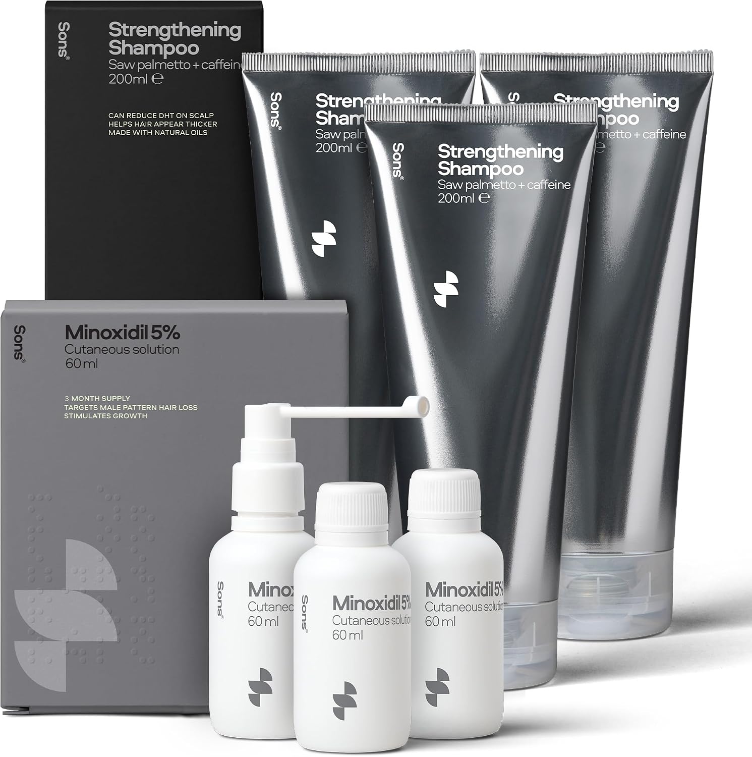 Sons Minoxidil 5% Spray (3x60ml) & (3x200ml) Hair Growth Shampoo for Men
