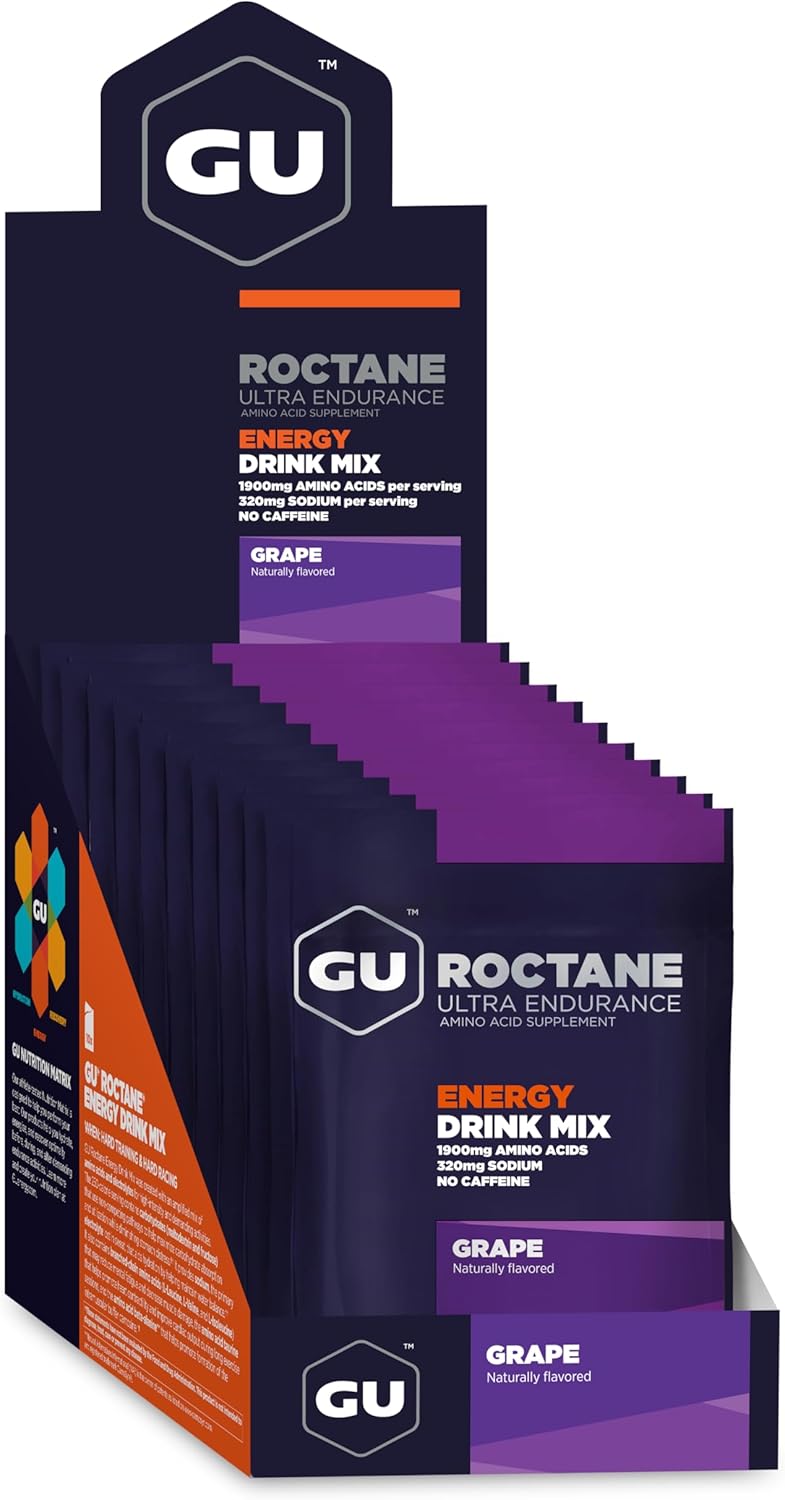 GU Energy Roctane Ultra Endurance Energy Drink Mix, Vegan, Gluten-Free, Kosher, Caffeine- Free, and Dairy-Free n-the-Go Energy for Any Workout, 10 Single-Serving Packets, Grape