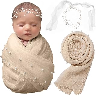 SPOKKI 2 PCS Baby Props Photography Wrap Kit, Newborn Photography Props, Handmade Pearl Wrap Blanket for Baby Photo Props with Pearl Headband, 35.5 X 67 inch Newborn Outfits for Photography (Beige)