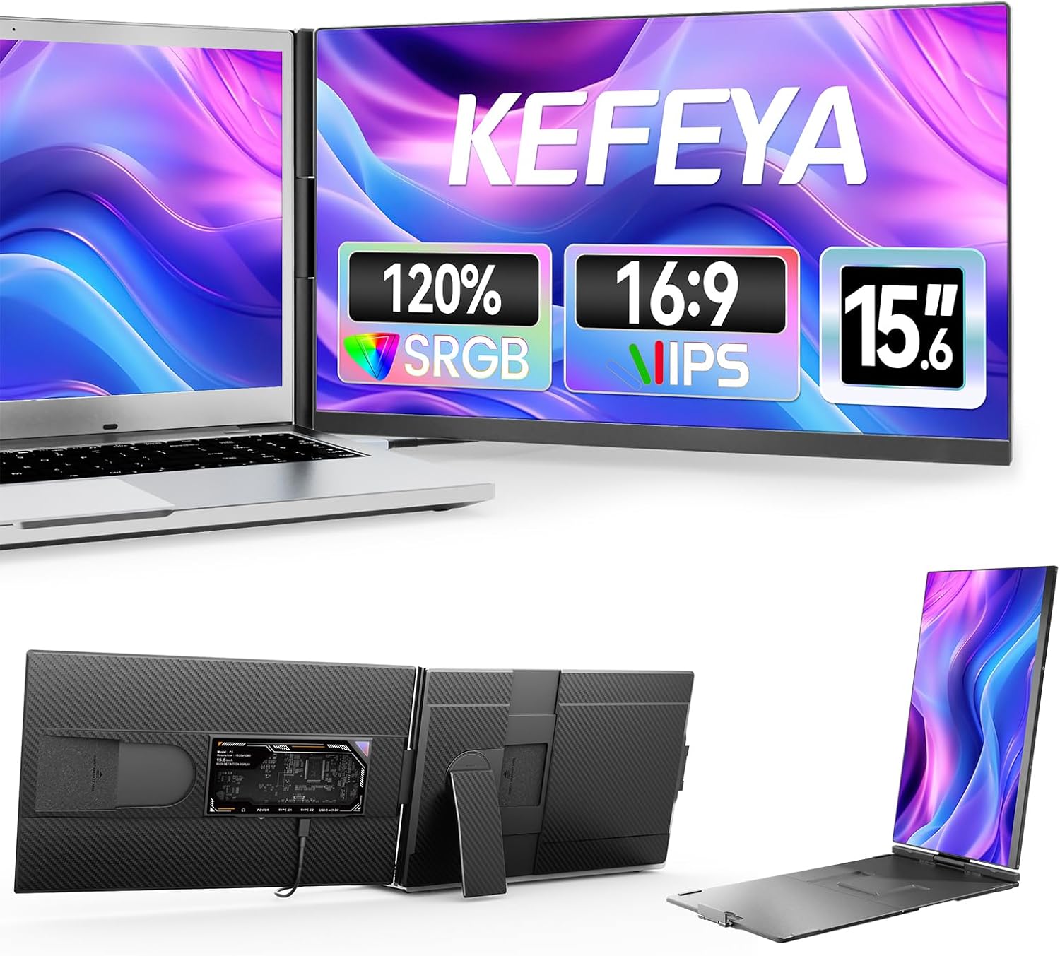 KEFEYA 15.6” Laptop Monitor Extender 120% sRGB fits A-ll Laptops Upgraded Portable Monitor FHD 1080P IPS Laptop Screen Extender with Type-C USB HDMI Plug-Play for Mac, Windows, Chrome, Android