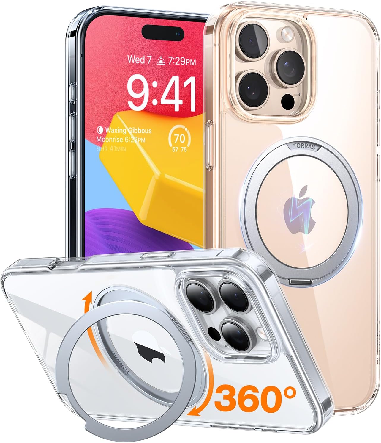 TORRAS Upgraded 360°Rotatable Magnetic Ring for iPhone 16 Pro Max Case, Fit for MagSafe with Stand & Ring Holder, 16FT Mil- Grade Shockproof Translucent for iPhone 16 Pro Max Phone Case Ostand, Clear