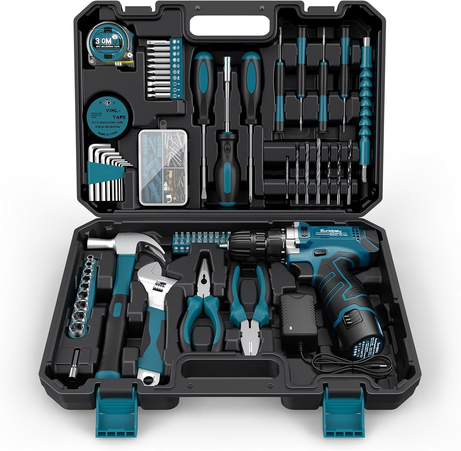 Sundpey Home Tool Kit 206-PCs - Household Tool Set with 12V Cordless Electric Screwdriver Drill Set - Portable Starter Power Tool Combo Kits - Basic General Homeowner Tool Box for Men & Women for Home