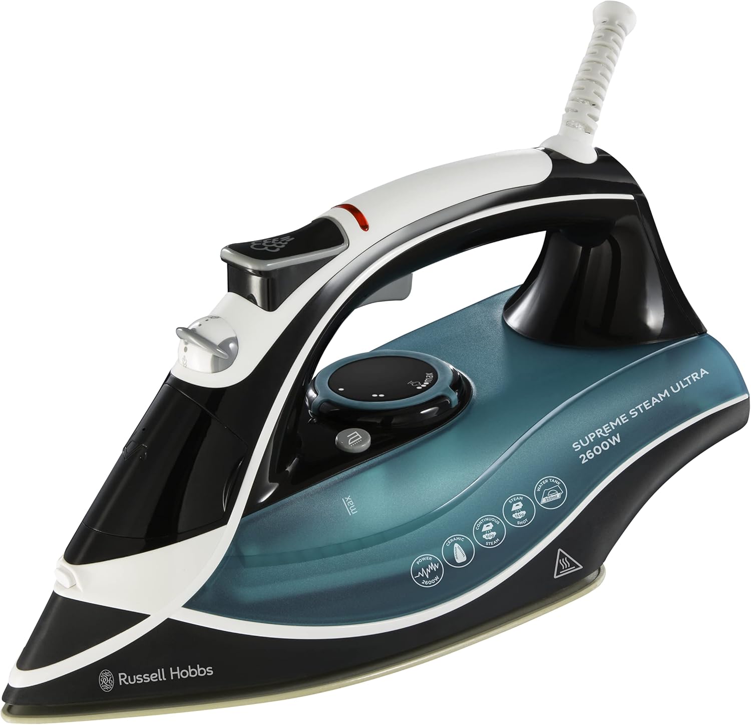 Russell Hobbs Supreme Steam Iron, Ceramic soleplate, Easy fill 350ml Water Tank, 155g Steam Shot, 60g Continuous steam, Self-clean, Anti calc & Anti-drip function, 3m Cord, Auto Shut Off, 2600W, 23260