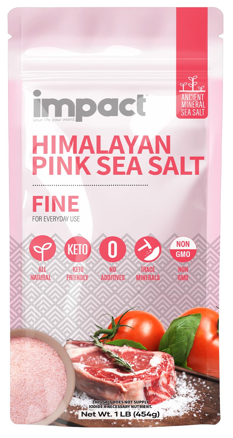 Impact Himalayan Pink Sea Salt Fine 1lb Pouch - No Additives, Rich in Trace Minerals, Non-GMO, Gluten-Free. Ideal for Keto, Fasting & Everyday Cooking. Pure Himalayan Source- Ancient Mineral Sea Salt
