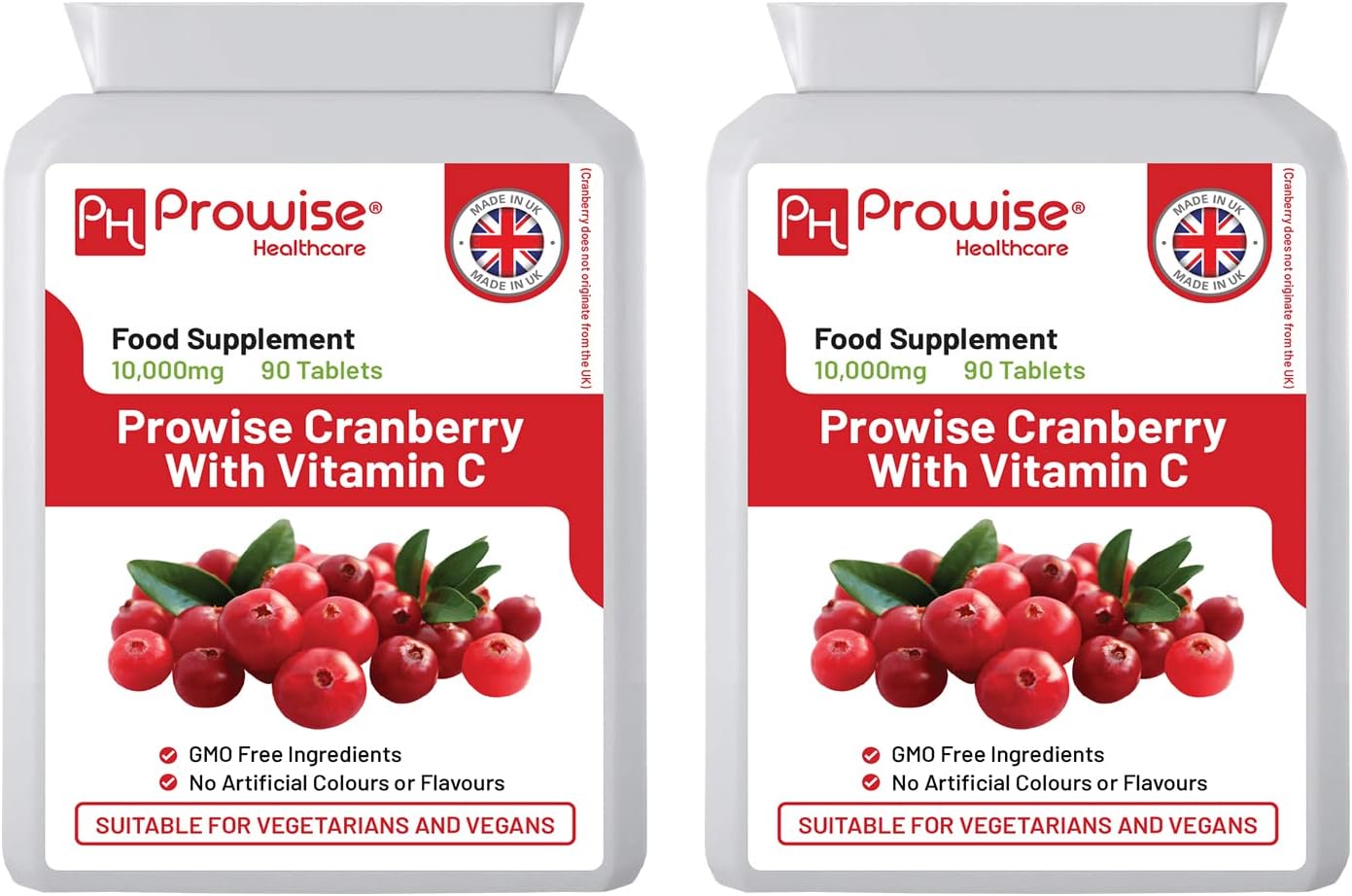 Cranberry 10,000mg 90 Tablets (Pack of 2) with Added Vitamin C - High Strength Daily Supplement - UK Manufactured by Prowise Healthcare