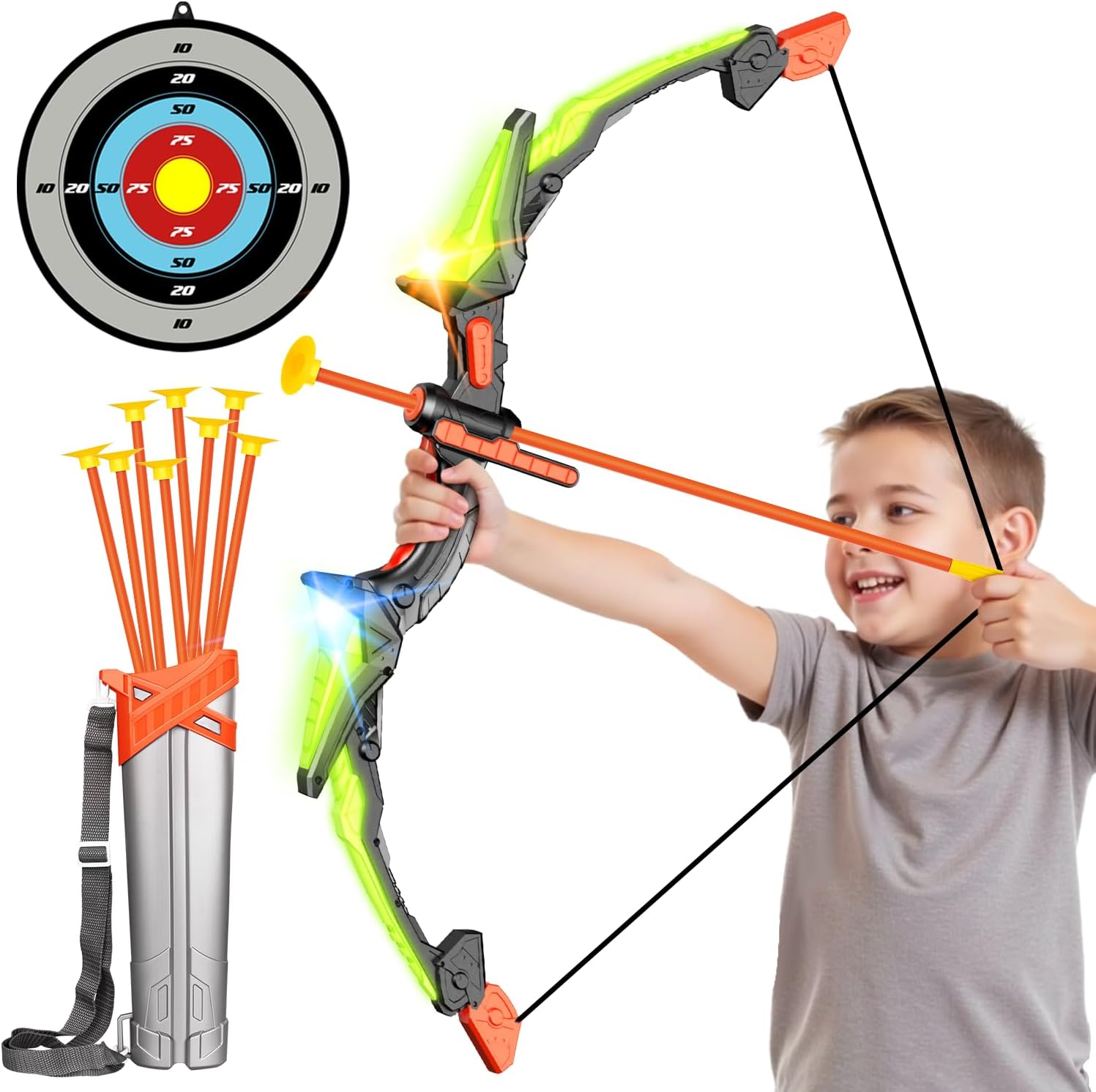 Hollyhi Bow Arrow Set for Kids, LED Light Up Archery Set Toys with 10 Arrows, Indoor Outdoor Shooting Games Hand-eye coordination Birthday Gifts for 5 6 7 8 9 10 11 12 13 14 Year Old Boys Girls