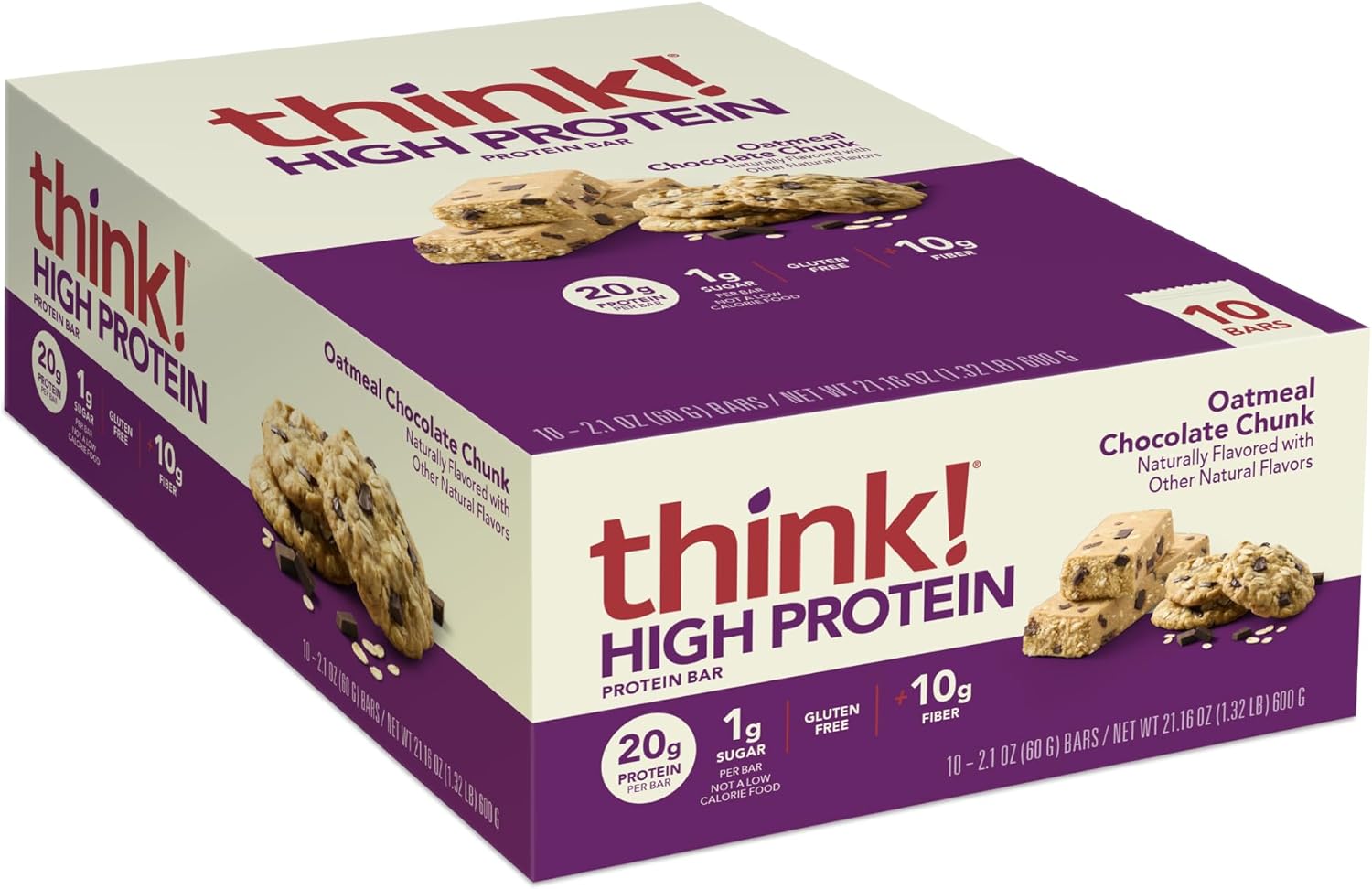 think! Protein Bars, High Protein Snacks, Gluten Free, High Fiber, Oatmeal Chocolate Chunk, 10 Count