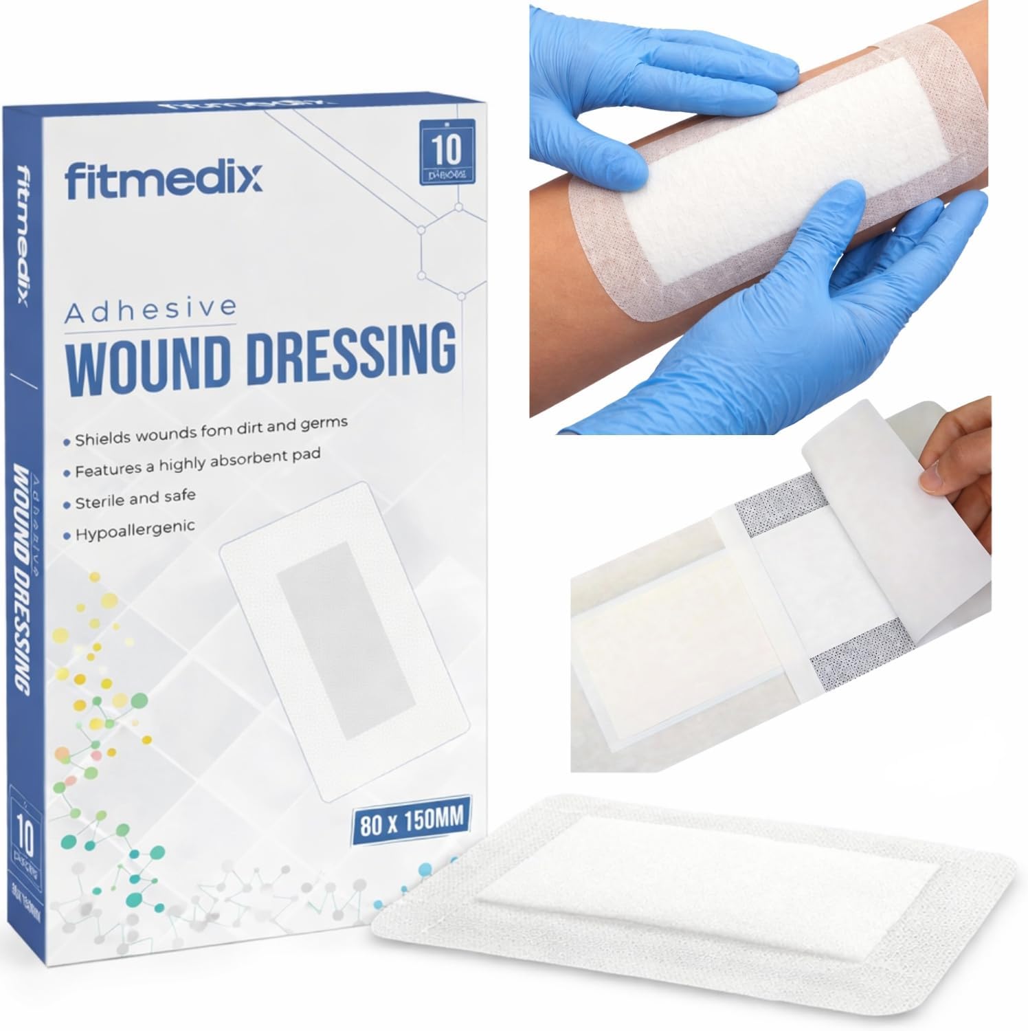 FitMedix Adhesive Wound Dressings (80mm x 150mm) - **Pack of 10** Sterile Dressings for Wounds, Cuts, Grazes, Diabetic Leg Ulcers, Venous Leg Ulcers & Small Pressure Sores- Hypoallergenic Plasters
