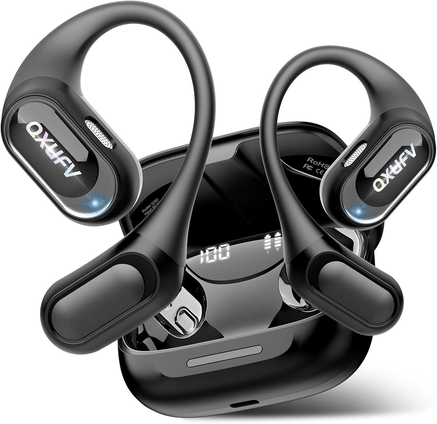 Open Ear Headphones, Bluetooth 5.4 Headphones Sports, Premium Sound with HD Mic Wireless Earbuds, 48H Playtime LED Power Display Ear Buds, IPX7 Lightweight Comfort Earphones for Running, Working