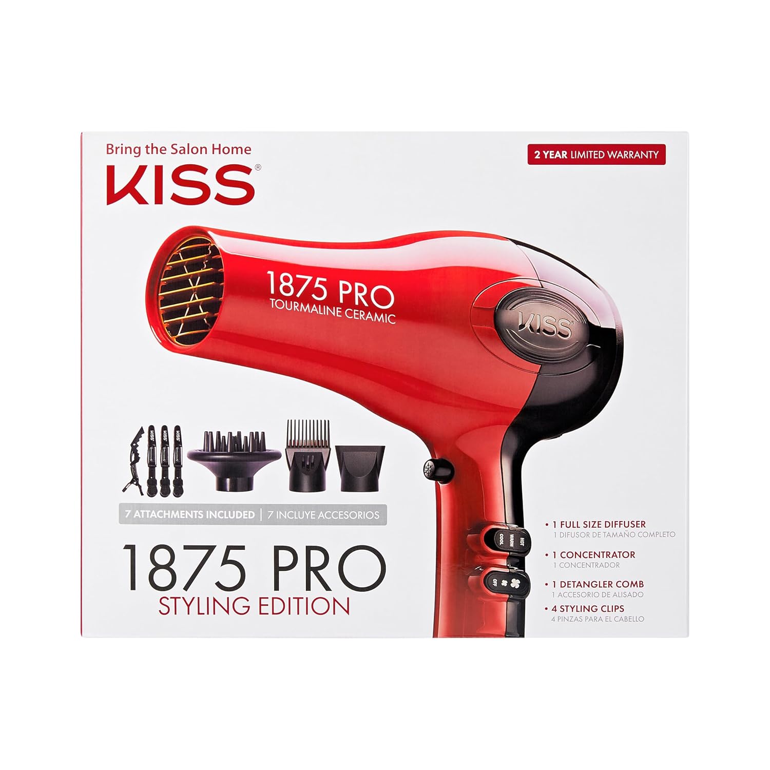 Kiss 1875 Watt Pro Tourmaline Ceramic Hair Dryer, Styling Edition, 3 Heat Settings, 2 Speed Settings, Cool Shot Button, 7 Blow Dryer Accessories Included, 2-Year Warranty - Red