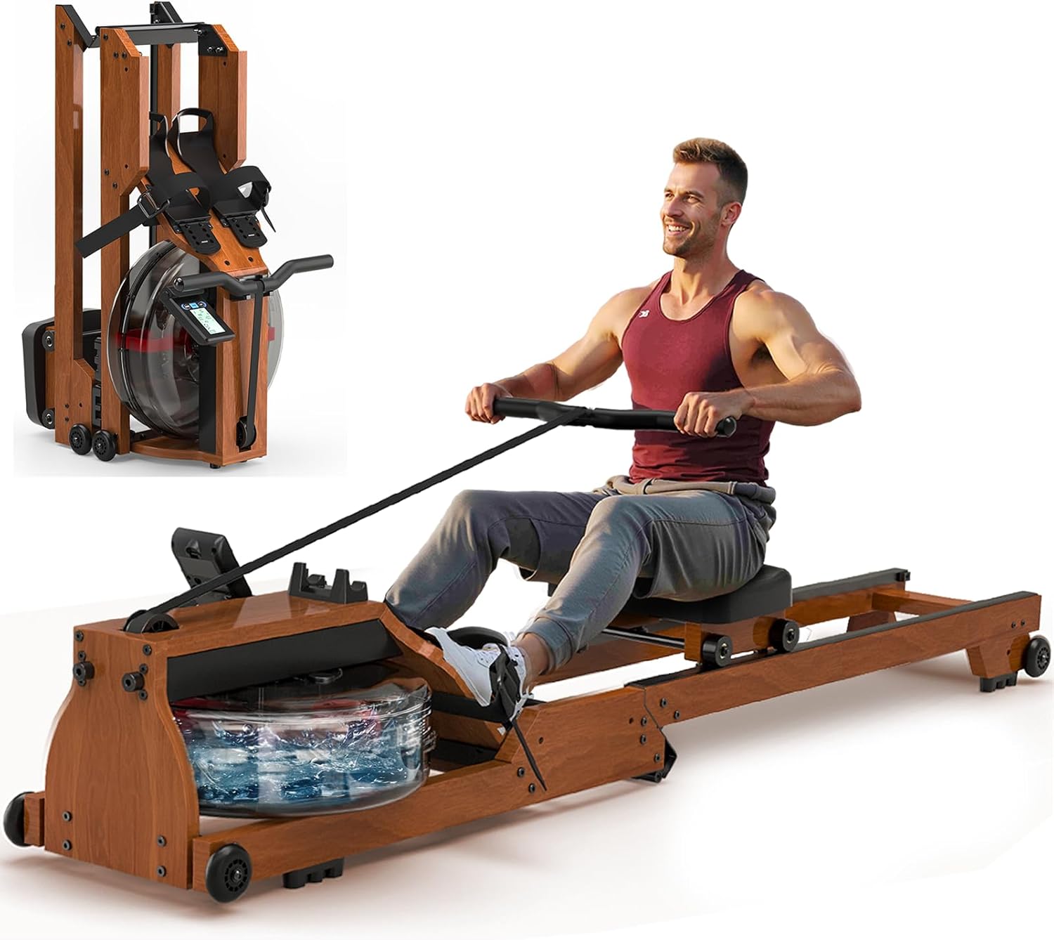 Rowing Machine, Water Foldable Rowing Machine for Home Gym, Fitness Exercise Machine with Bluetooth, 330LB Weight Capacity, App Compatible, Built-in Monitor