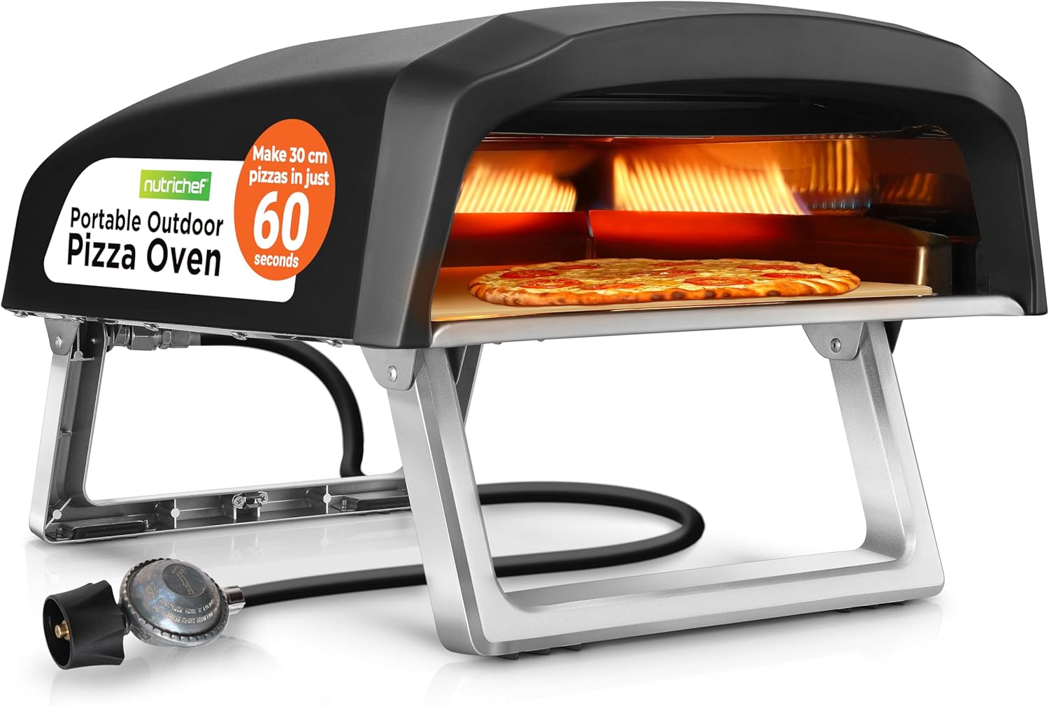 NutriChef Portable Outdoor Pizza Oven – 30.48cm Gas Pizza Oven, 360° Rotating Stone, Quick Heating, Premium Stainless Steel Grill, Includes Stone & Regulator w/ Hose, Ready in 60 Sec