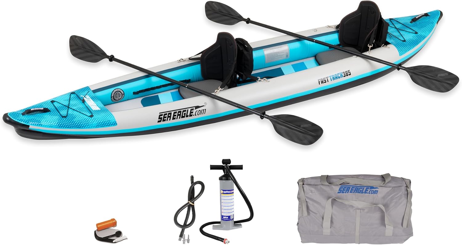 Sea Eagle 385FT Redesigned Fasttrack Inflatable Kayak 12'8" 2 Person Touring Kayak, Attached Rigid High-Pressure V-Bottom, Smoother Paddling Experience-Light Weight