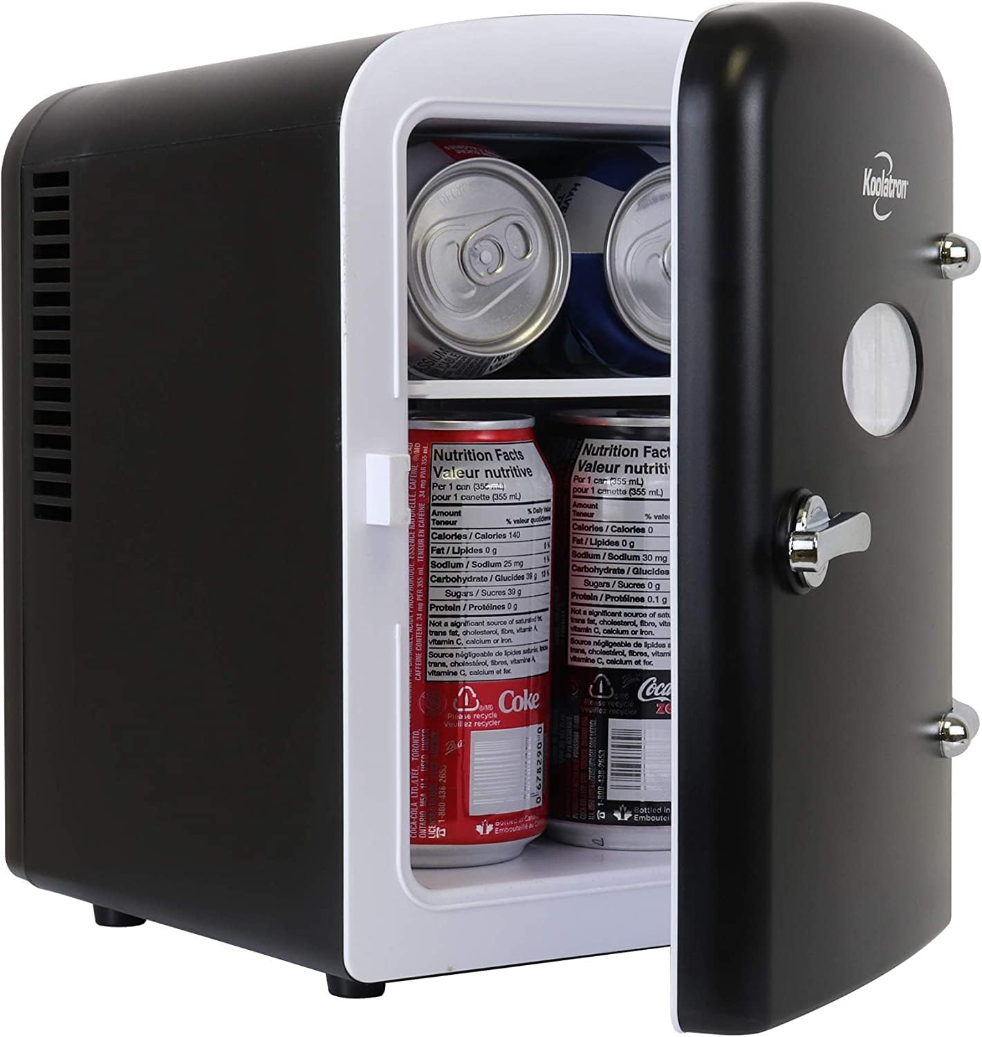 Koolatron Mini Fridge - Refrigerator for Bedroom Office, Portable Table Top Beverage Cooler, 12V 110V Refrigerador For Drinks, Soda, Wine, Use In Car, Dorm, Outdoor, Patio, 6 Can