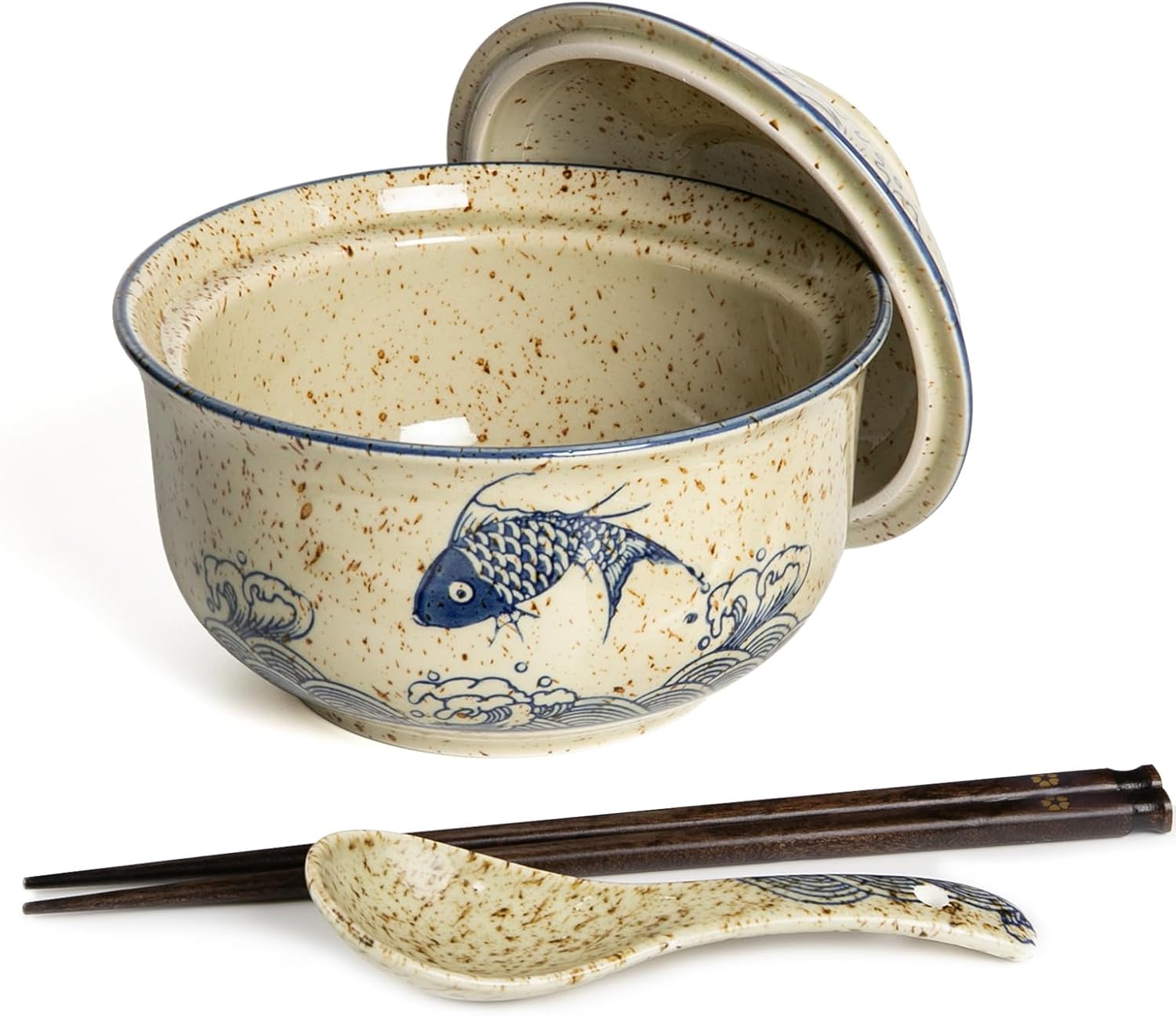 HLWDXno1 Ceramic Ramen Bowl, Japanese Style Retro Ramen Bowls Set 800ml Noodle Bowl with Chopsticks and Spoons, Asian Soup Bowls with Lid for Microwave & Dishwasher Safe, Japan Fish