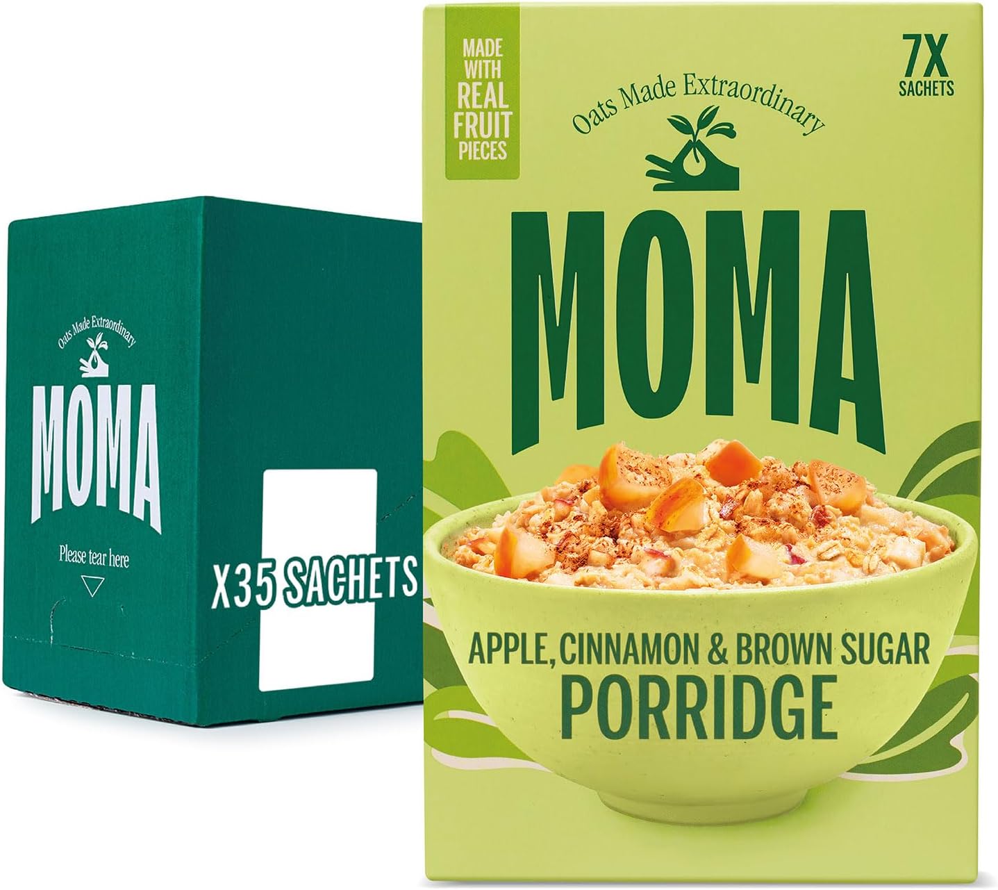 MOMA - Apple, Cinnamon & Brown Sugar Porridge Sachets - 35 x 40g - Made with British Wholegrain Jumbo Oats • High in Fibre • Plant-Based • Contains Real Fruit Pieces • Vegan