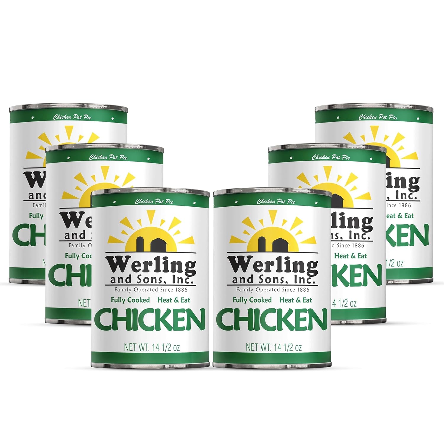 Werling & Sons Canned Chicken 14.5 Oz– Fully Cooked, Ready to Eat | Premium Quality, Recipe-Ready Canned Meat | 5-Year Shelf Life | Pantry Staple for Camping, Survival & Emergency Use | Made in USA | Pack of 6