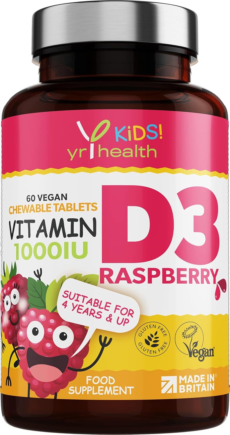 Kids Vitamin D3 1000 iu High Strength - Chewable Raspberry Flavour Vitamin D for Kids 4-12 Years, Vegan Society Registered Tablets not Gummies - 2 Months Supply - Made in The UK by YrHealth